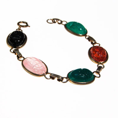 Vintage Semi Precious Scarab Bracelet, Onyx, Rose Quartz, Jade, Chrysoprase, 1960s by 1960s - Vintage Meet Modern Vintage Jewelry - Chicago, Illinois - #oldhollywoodglamour #vintagemeetmodern #designervintage #jewelrybox #antiquejewelry #vintagejewelry