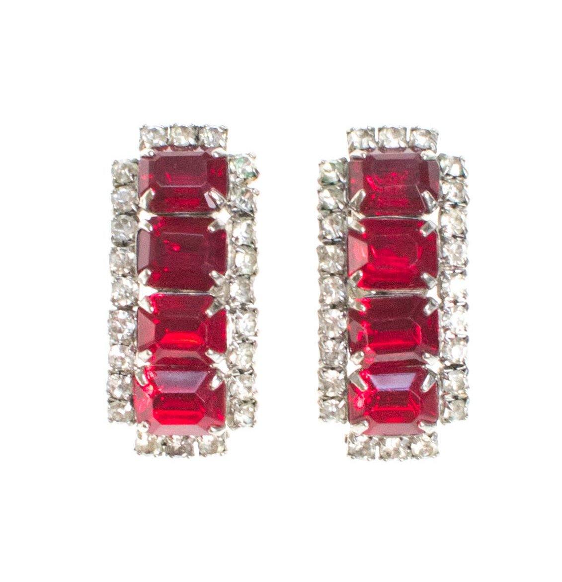 Vintage Art Deco Ruby Red Rhinestone Statement Earrings