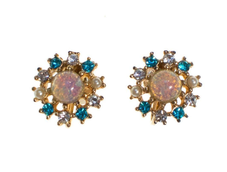 Vintage Opaline, Blue Topaz Crystal, and Faux Seed Pearl, Screw Backs by 1950s - Vintage Meet Modern Vintage Jewelry - Chicago, Illinois - #oldhollywoodglamour #vintagemeetmodern #designervintage #jewelrybox #antiquejewelry #vintagejewelry