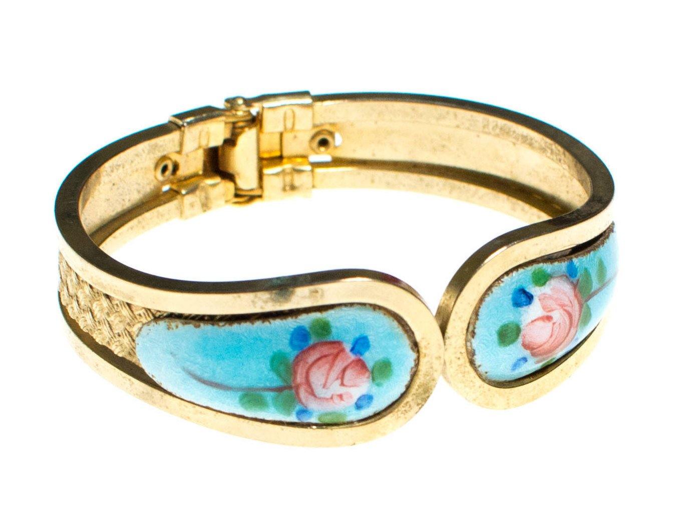 Vintage Guilloche Enamel Clamper Bracelet with Pink Roses and Turquoise by 1960s - Vintage Meet Modern Vintage Jewelry - Chicago, Illinois - #oldhollywoodglamour #vintagemeetmodern #designervintage #jewelrybox #antiquejewelry #vintagejewelry