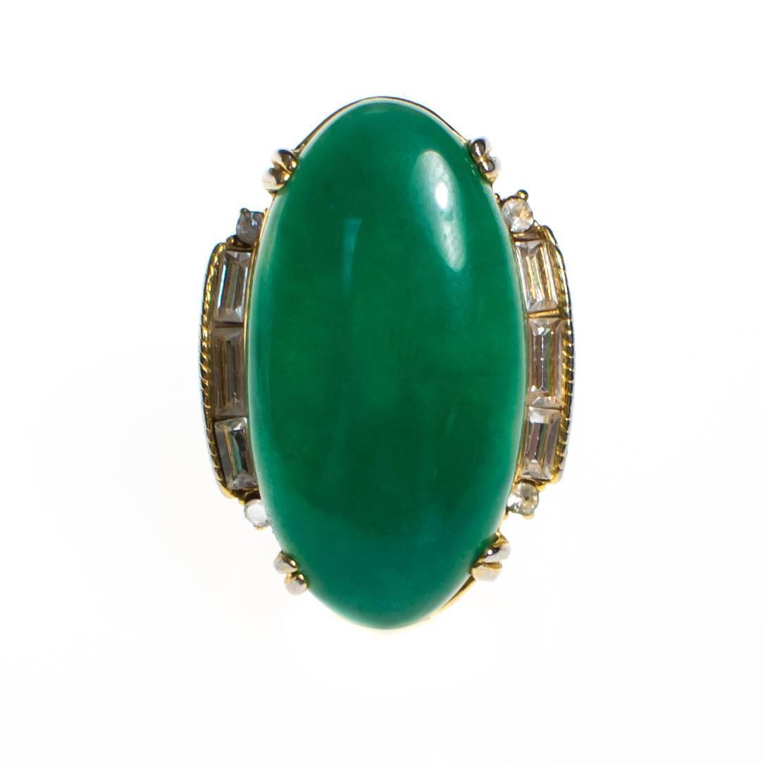 Vintage Faux Jade and Rhinestone Statement Cocktail Ring