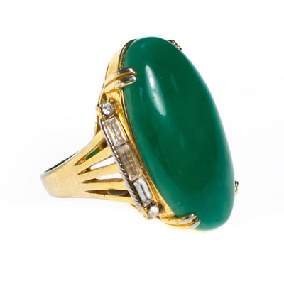 Vintage Faux Jade and Rhinestone Statement Cocktail Ring by 1970s - Vintage Meet Modern Vintage Jewelry - Chicago, Illinois - #oldhollywoodglamour #vintagemeetmodern #designervintage #jewelrybox #antiquejewelry #vintagejewelry