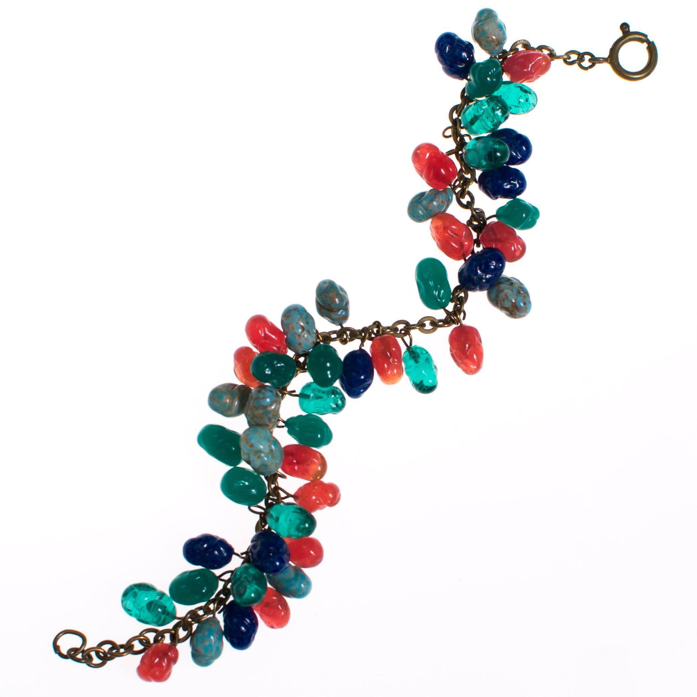 Vintage 1940s Art Glass Dangling Charm Bracelet Lapis, Carnelian, Faux Jade, Peking Glass Charms