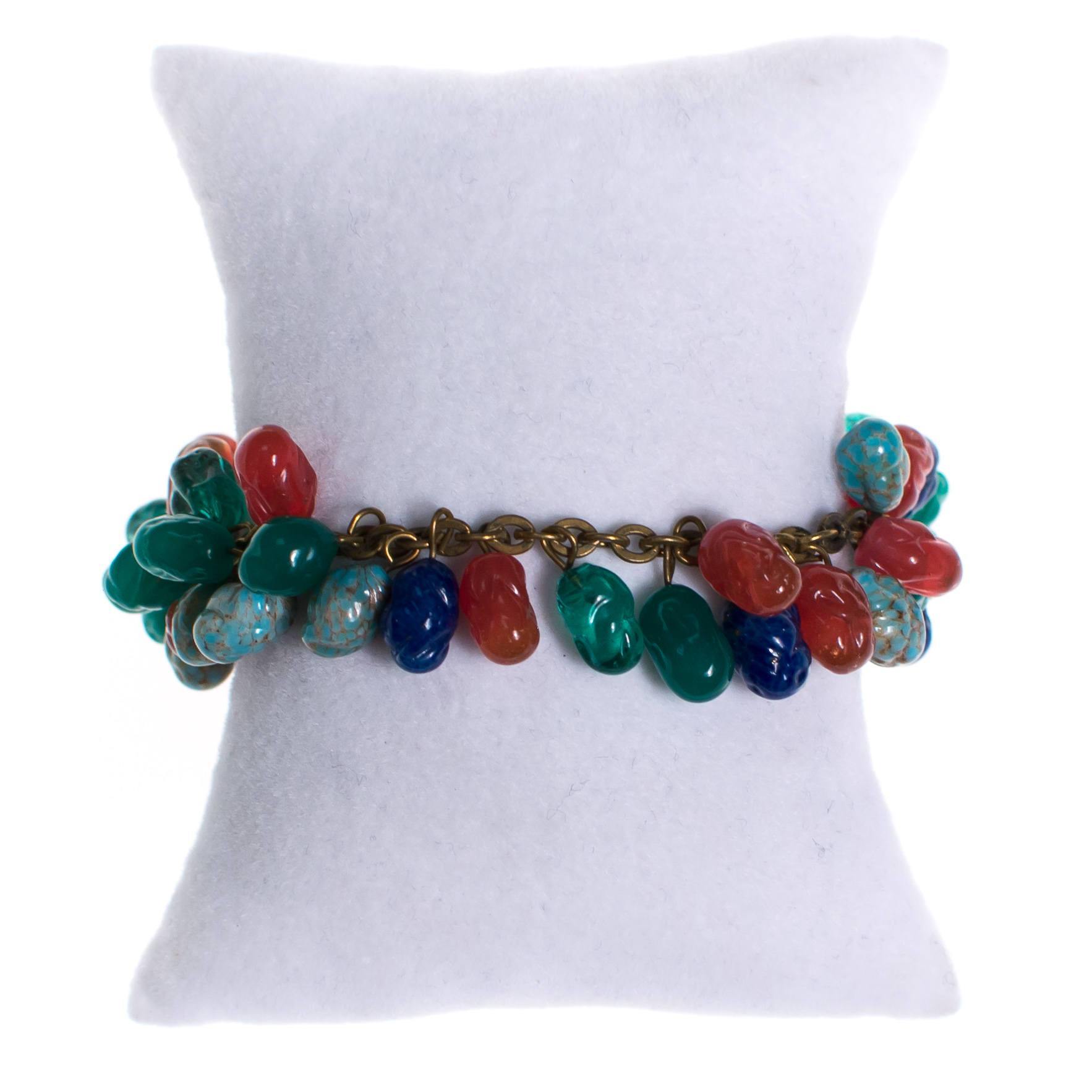 Vintage 1940s Art Glass Dangling Charm Bracelet Lapis, Carnelian, Faux Jade, Peking Glass Charms by 1940s - Vintage Meet Modern Vintage Jewelry - Chicago, Illinois - #oldhollywoodglamour #vintagemeetmodern #designervintage #jewelrybox #antiquejewelry #vintagejewelry