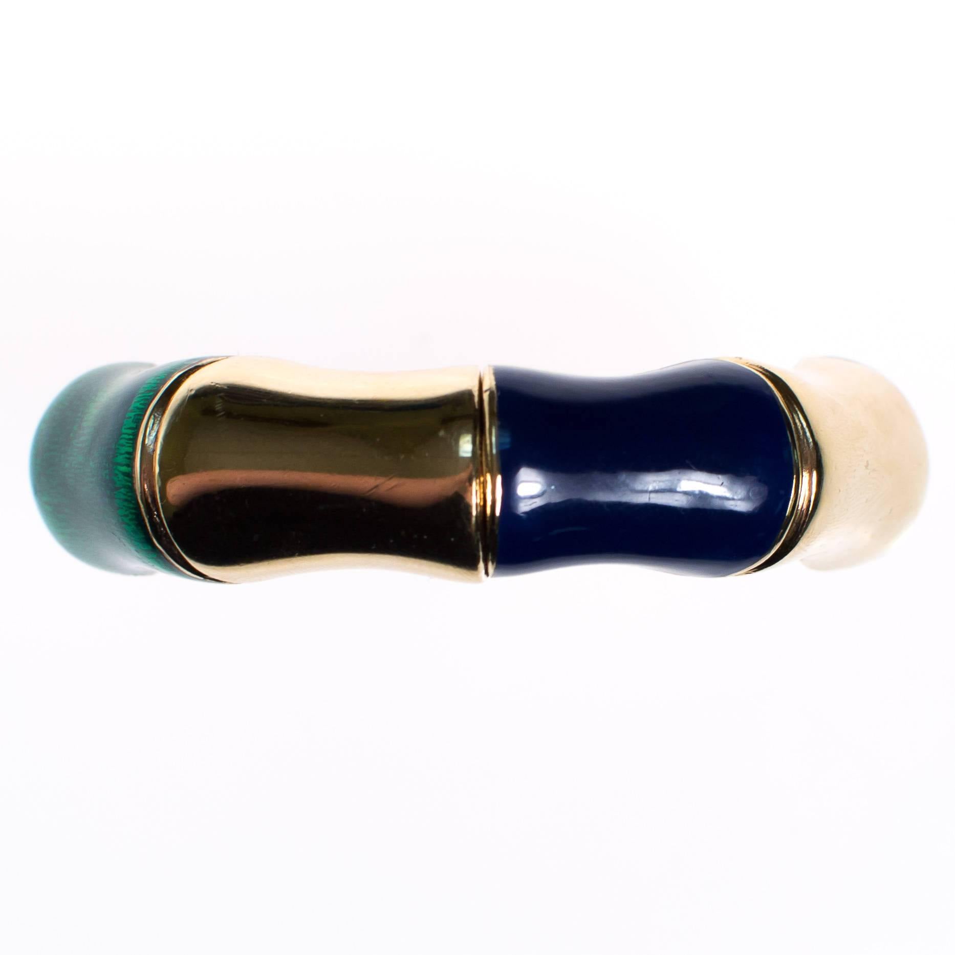Vintage Ciner Gold, Green and Violet Enamel Bamboo Bangle Bracelet by 1960s - Vintage Meet Modern Vintage Jewelry - Chicago, Illinois - #oldhollywoodglamour #vintagemeetmodern #designervintage #jewelrybox #antiquejewelry #vintagejewelry