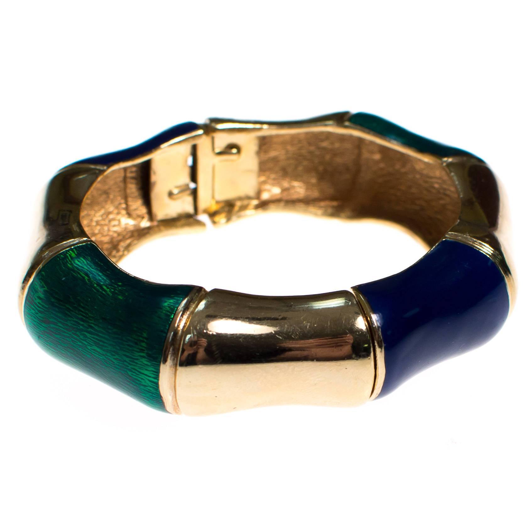 Vintage Ciner Gold, Green and Violet Enamel Bamboo Bangle Bracelet by 1960s - Vintage Meet Modern Vintage Jewelry - Chicago, Illinois - #oldhollywoodglamour #vintagemeetmodern #designervintage #jewelrybox #antiquejewelry #vintagejewelry