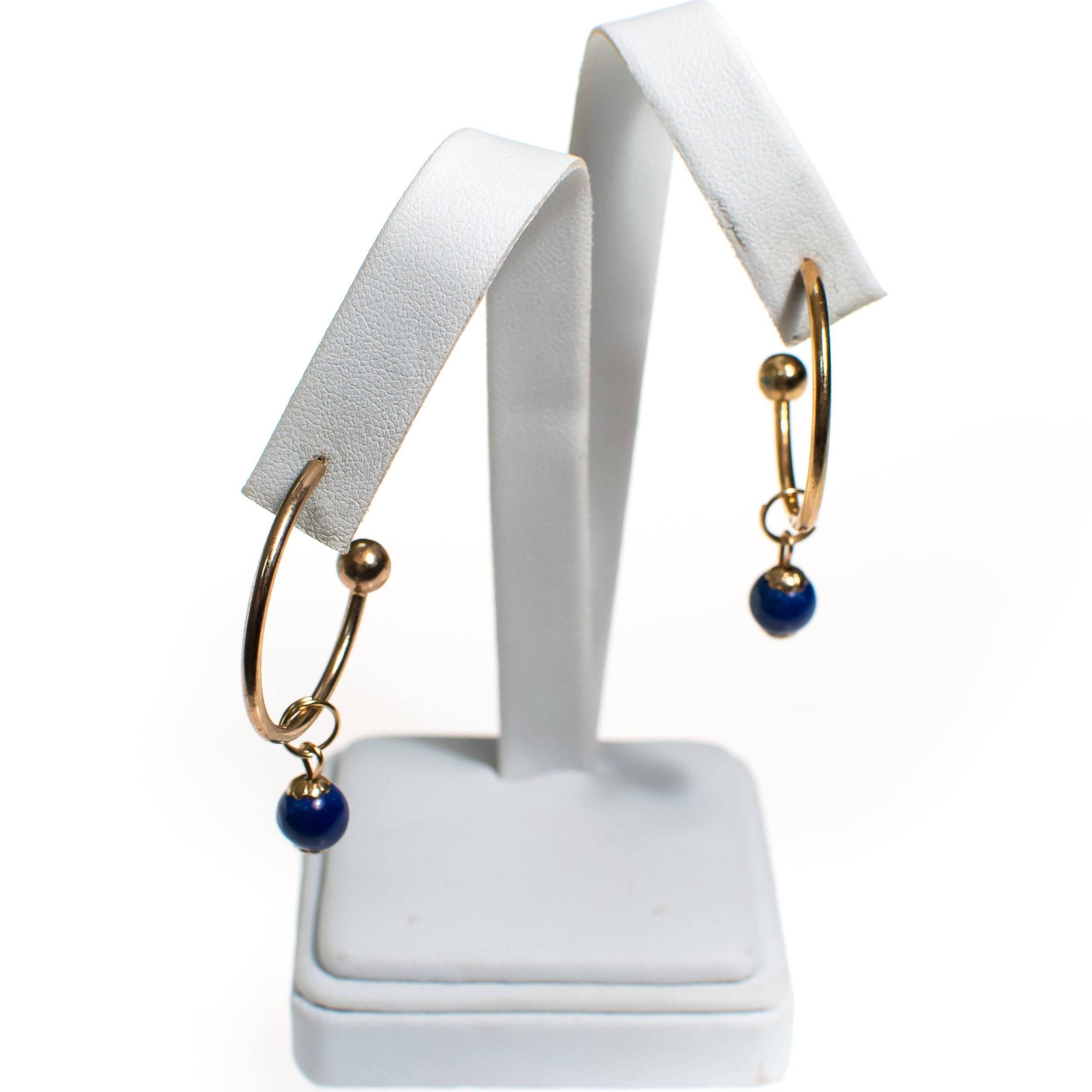 Vintage Gold Hoop Earrings with Blue Lapis Bead by 1970s - Vintage Meet Modern Vintage Jewelry - Chicago, Illinois - #oldhollywoodglamour #vintagemeetmodern #designervintage #jewelrybox #antiquejewelry #vintagejewelry