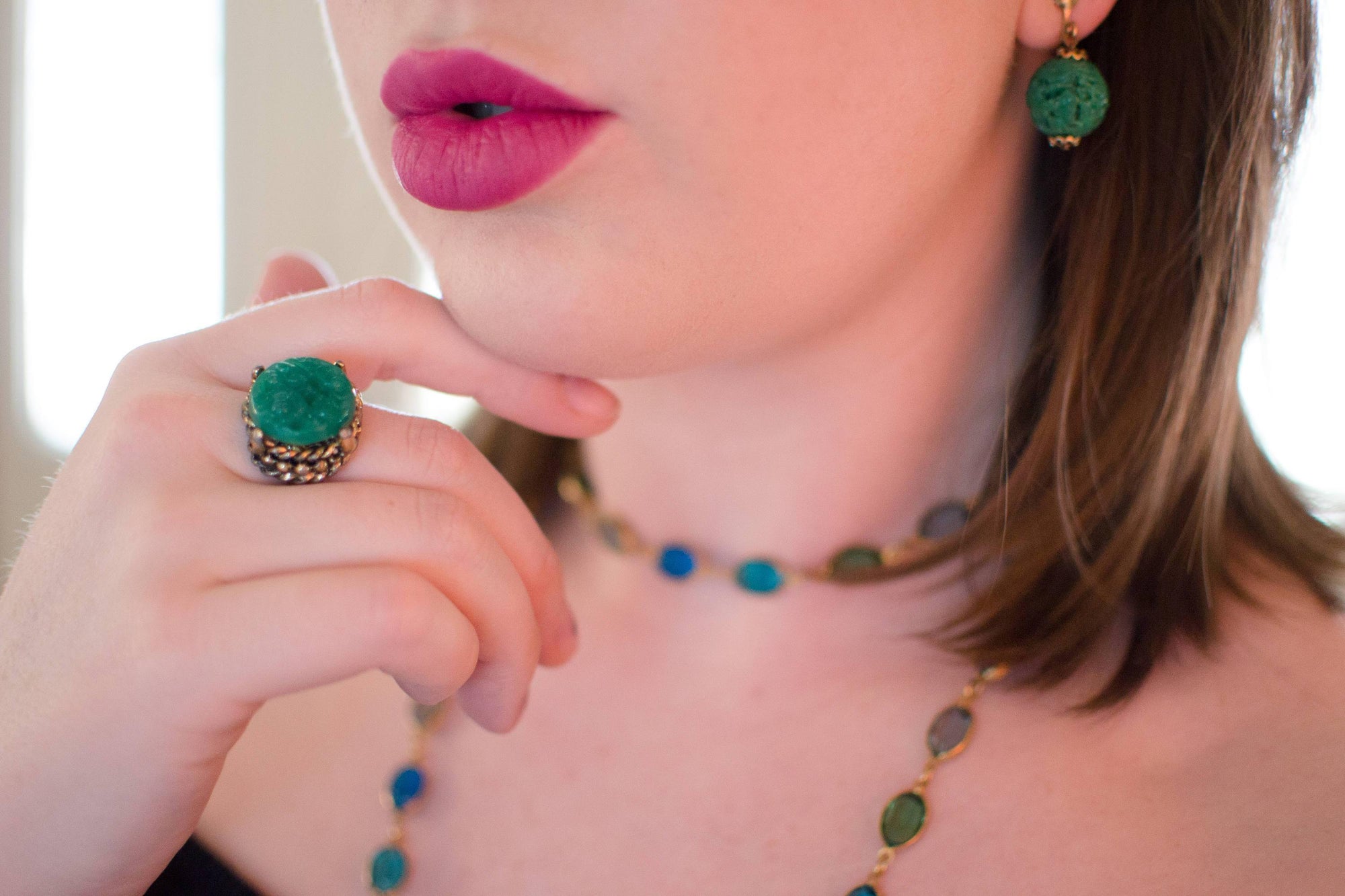 Vintage Carved Faux Jade Dangling by 1960s - Vintage Meet Modern Vintage Jewelry - Chicago, Illinois - #oldhollywoodglamour #vintagemeetmodern #designervintage #jewelrybox #antiquejewelry #vintagejewelry