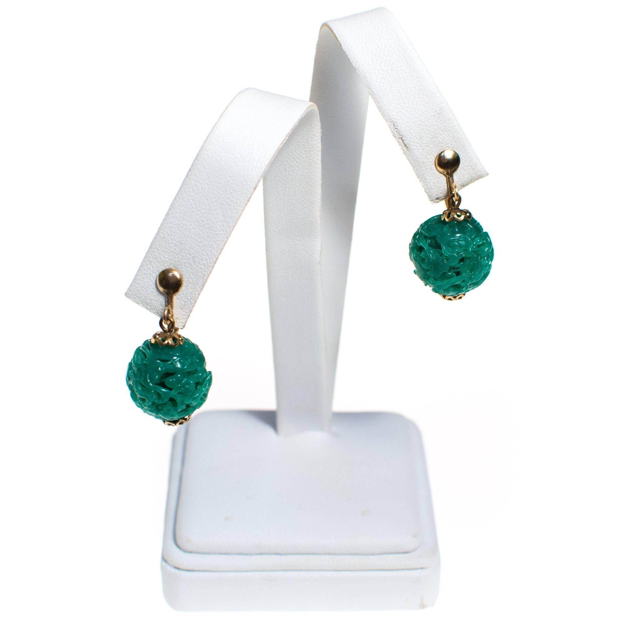 Vintage Carved Faux Jade Dangling by 1960s - Vintage Meet Modern Vintage Jewelry - Chicago, Illinois - #oldhollywoodglamour #vintagemeetmodern #designervintage #jewelrybox #antiquejewelry #vintagejewelry