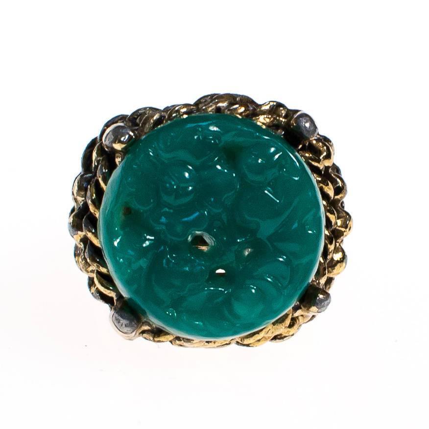 Vintage Faux Carved Jade Statement Ring, Adjustable
