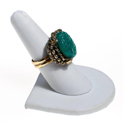 Vintage Faux Carved Jade Statement Ring, Adjustable by 1960s - Vintage Meet Modern Vintage Jewelry - Chicago, Illinois - #oldhollywoodglamour #vintagemeetmodern #designervintage #jewelrybox #antiquejewelry #vintagejewelry