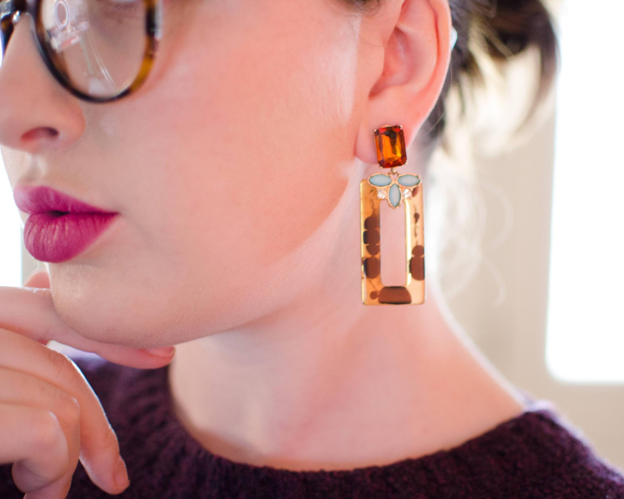 Vintage Faux Tortoise Turquoise and Citrine Rhinestone Earrings, Clip On, Long Dangling by 1990s - Vintage Meet Modern Vintage Jewelry - Chicago, Illinois - #oldhollywoodglamour #vintagemeetmodern #designervintage #jewelrybox #antiquejewelry #vintagejewelry