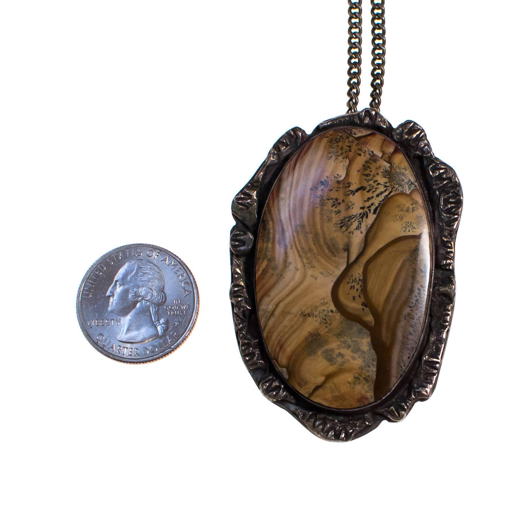 Vintage Picture Agate Statement Pendant Necklace Set In Sterling Silver by 1960s - Vintage Meet Modern Vintage Jewelry - Chicago, Illinois - #oldhollywoodglamour #vintagemeetmodern #designervintage #jewelrybox #antiquejewelry #vintagejewelry