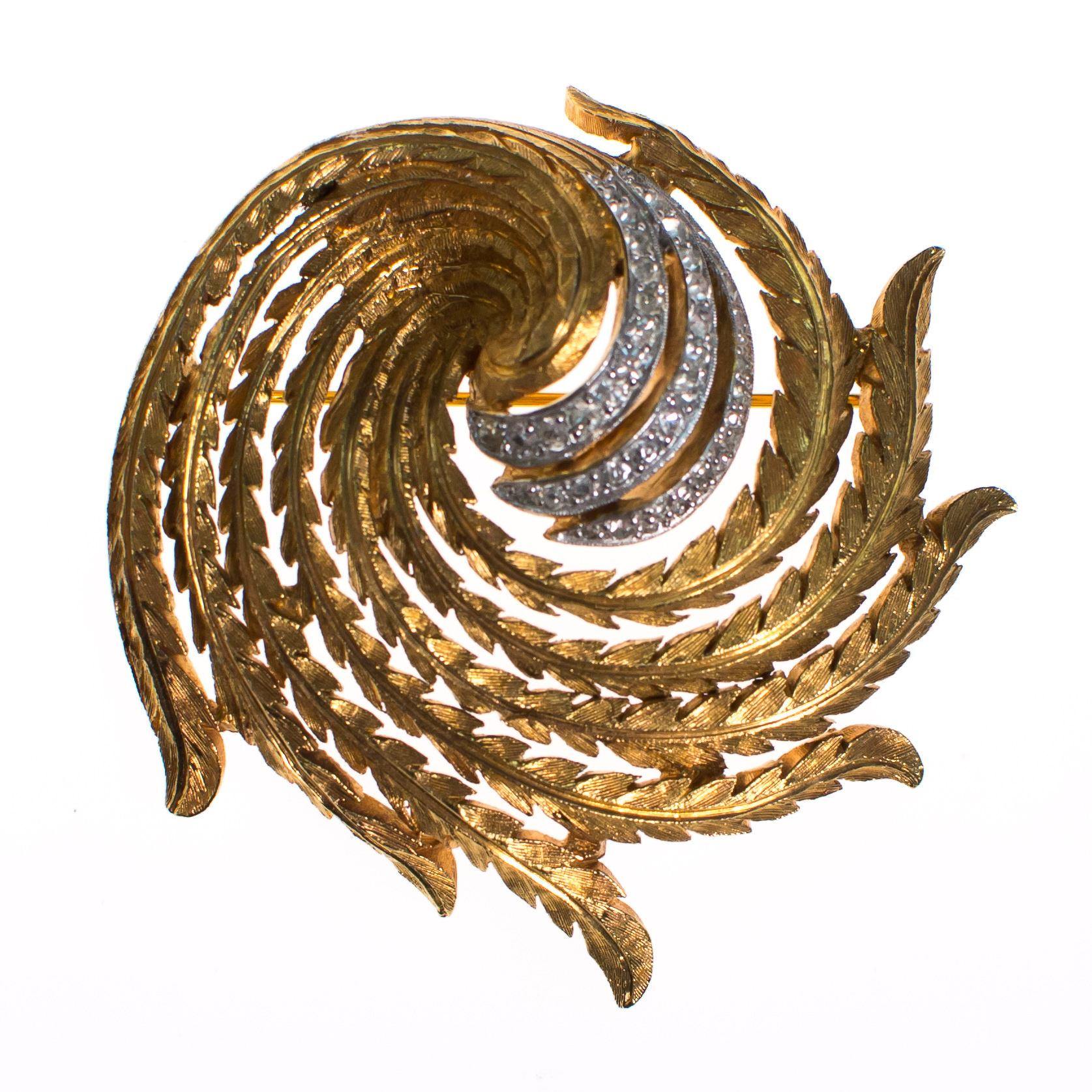 Vintage Gold Tone Swirl Design Brooch with Rhinestones by 1960s - Vintage Meet Modern Vintage Jewelry - Chicago, Illinois - #oldhollywoodglamour #vintagemeetmodern #designervintage #jewelrybox #antiquejewelry #vintagejewelry