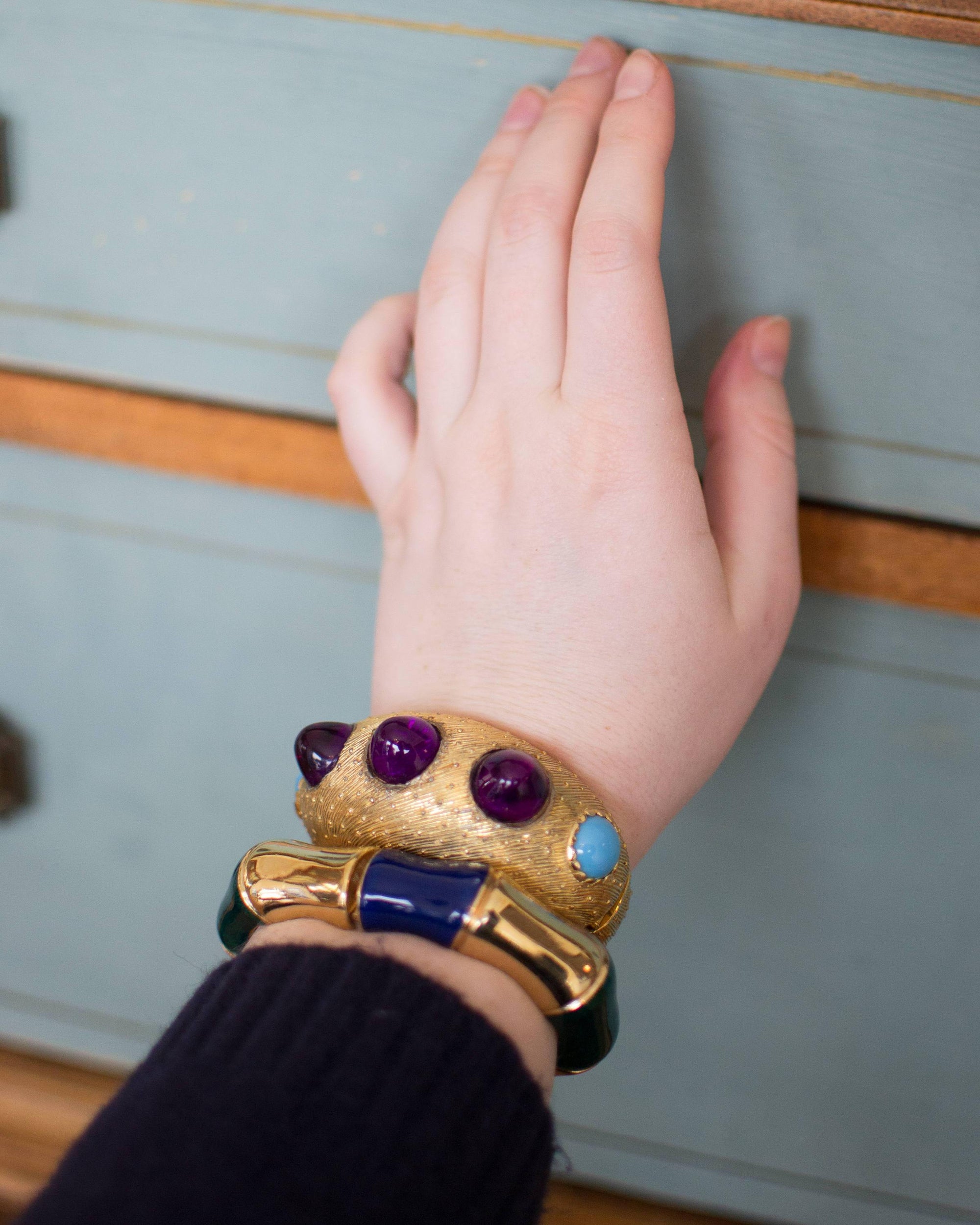 Vintage Castlecliff Bracelet with Amethyst and Turquoise Cabochons by Castlecliff - Vintage Meet Modern Vintage Jewelry - Chicago, Illinois - #oldhollywoodglamour #vintagemeetmodern #designervintage #jewelrybox #antiquejewelry #vintagejewelry