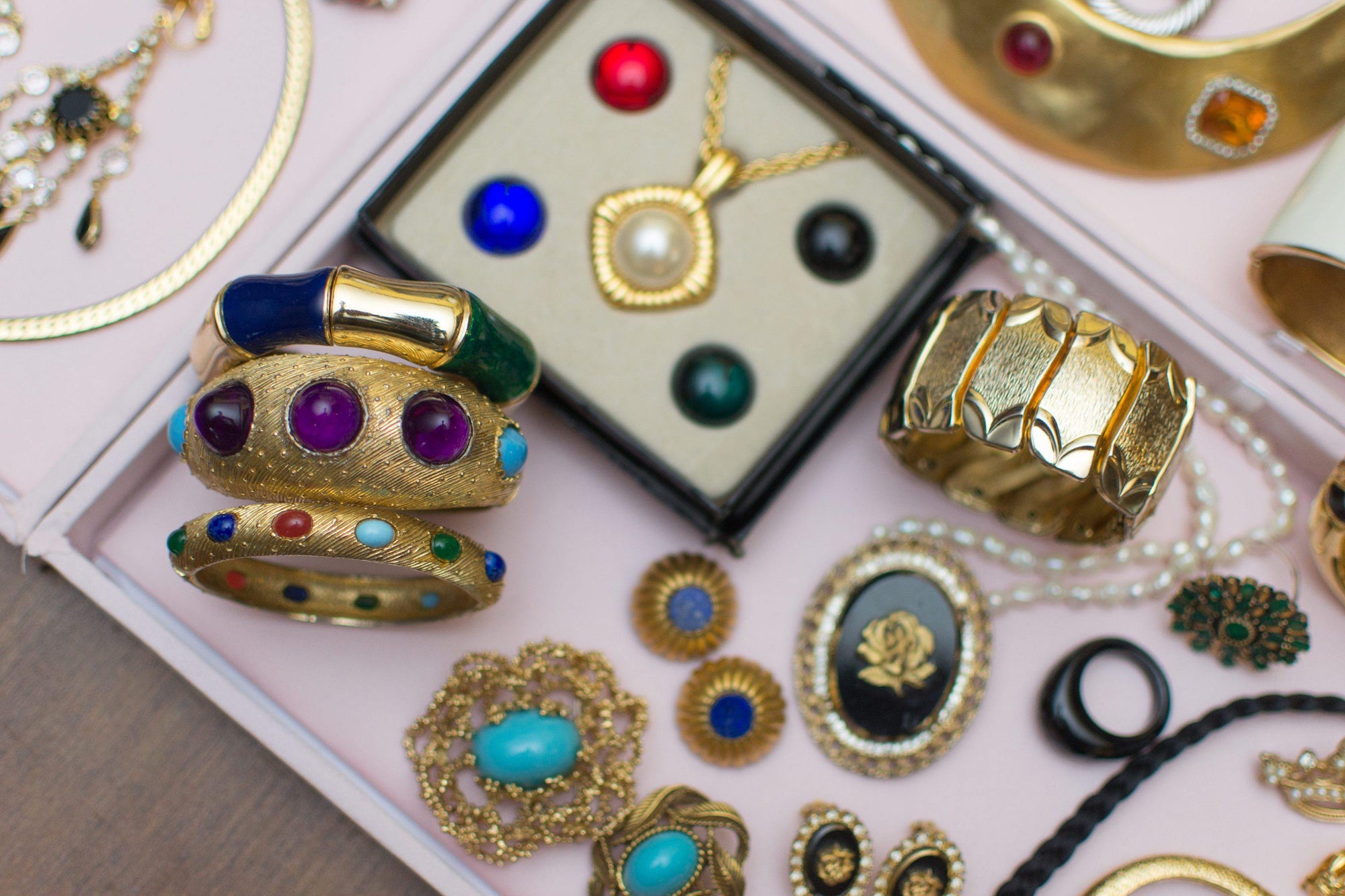 Vintage Castlecliff Bracelet with Amethyst and Turquoise Cabochons by Castlecliff - Vintage Meet Modern Vintage Jewelry - Chicago, Illinois - #oldhollywoodglamour #vintagemeetmodern #designervintage #jewelrybox #antiquejewelry #vintagejewelry