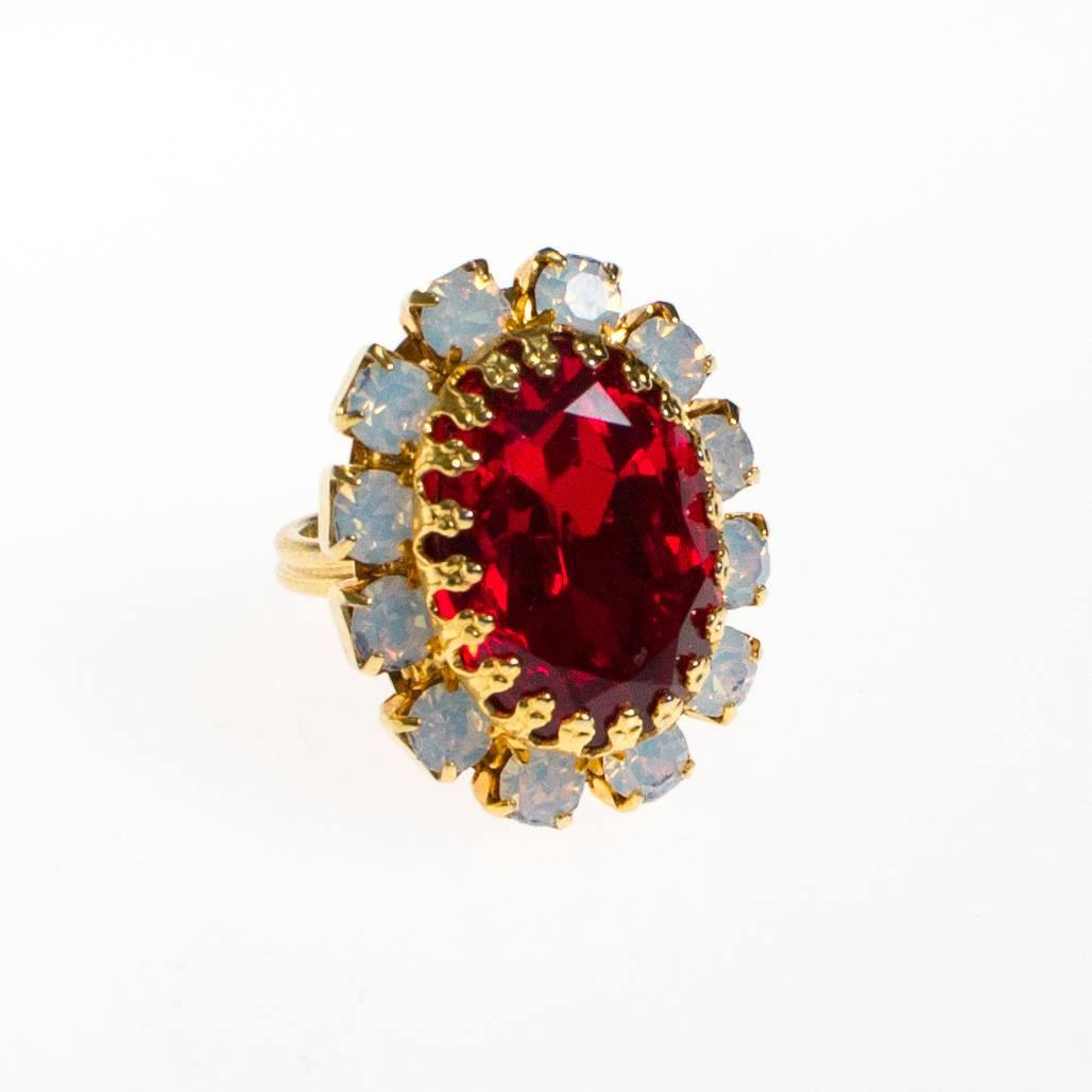 Vintage Ruby Red Crystal and Opaline Statement Ring