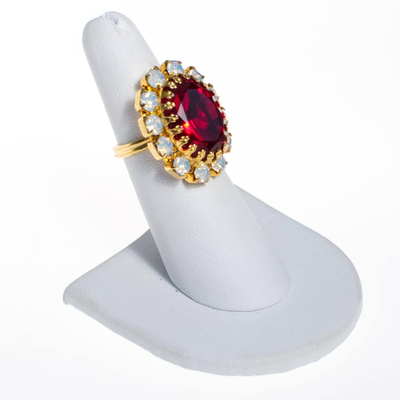 Vintage Ruby Red Crystal and Opaline Statement Ring by 1950s - Vintage Meet Modern Vintage Jewelry - Chicago, Illinois - #oldhollywoodglamour #vintagemeetmodern #designervintage #jewelrybox #antiquejewelry #vintagejewelry