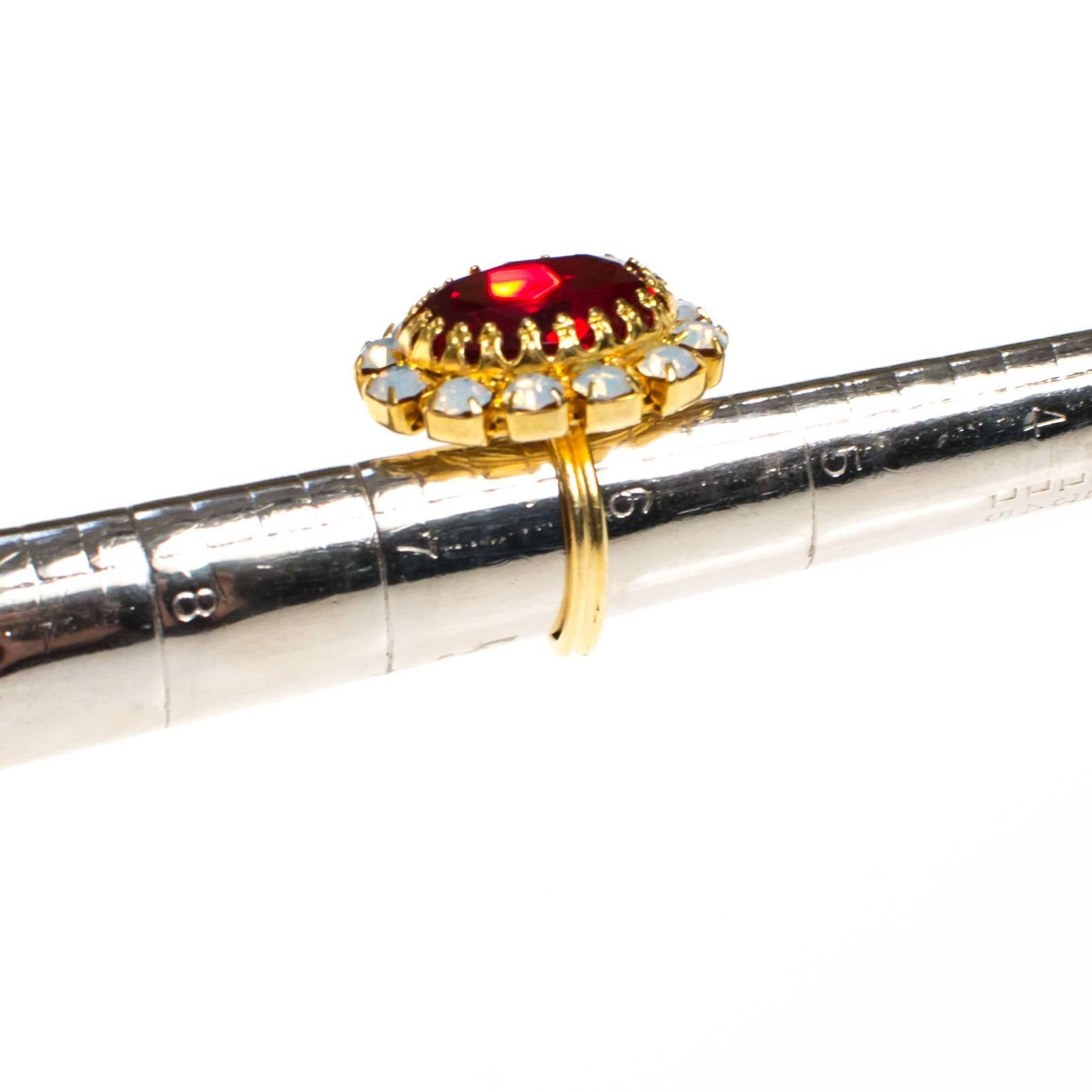 Vintage Ruby Red Crystal and Opaline Statement Ring by 1950s - Vintage Meet Modern Vintage Jewelry - Chicago, Illinois - #oldhollywoodglamour #vintagemeetmodern #designervintage #jewelrybox #antiquejewelry #vintagejewelry