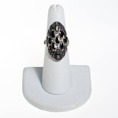 Vintage Hematite and Marcasite Victorian Gothic Revival Ring, Silver Setting by 1980s - Vintage Meet Modern Vintage Jewelry - Chicago, Illinois - #oldhollywoodglamour #vintagemeetmodern #designervintage #jewelrybox #antiquejewelry #vintagejewelry