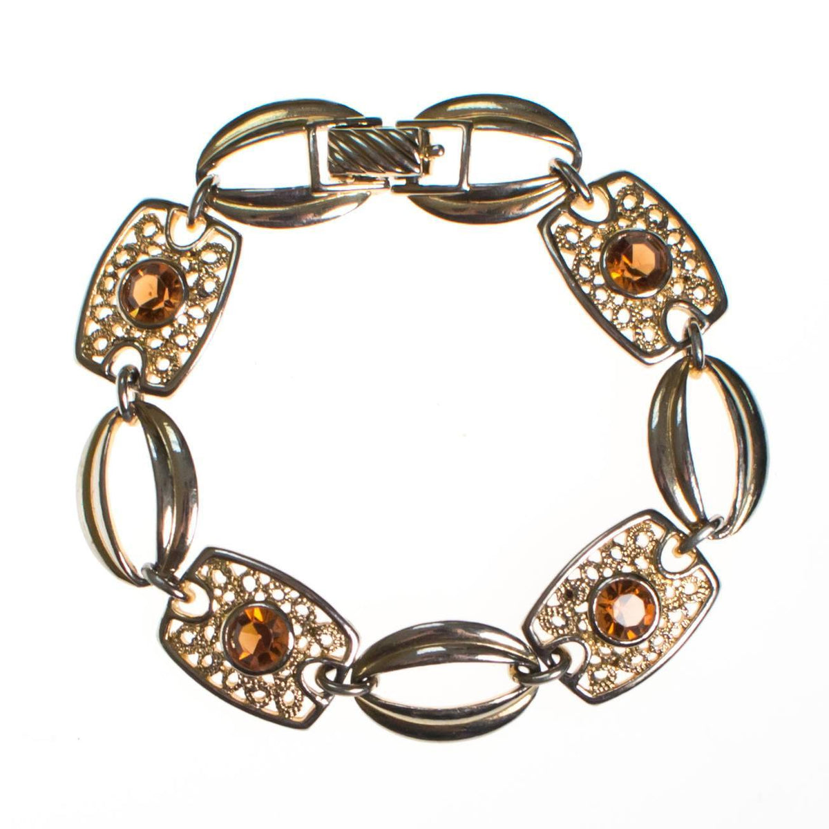 Sarah Coventry Amber Topaz Crystal and Filigree Link Panel Bracelet