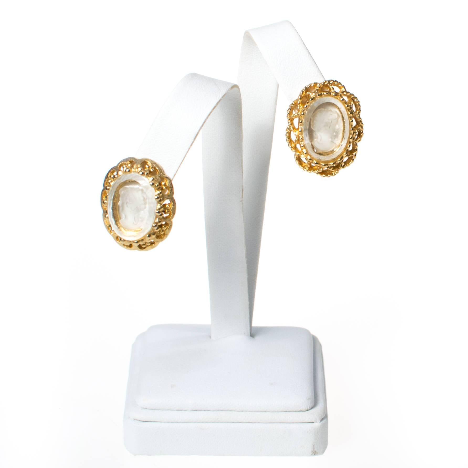 Clear Crystal Cameo Gold Tone Earrings by Cameo - Vintage Meet Modern Vintage Jewelry - Chicago, Illinois - #oldhollywoodglamour #vintagemeetmodern #designervintage #jewelrybox #antiquejewelry #vintagejewelry