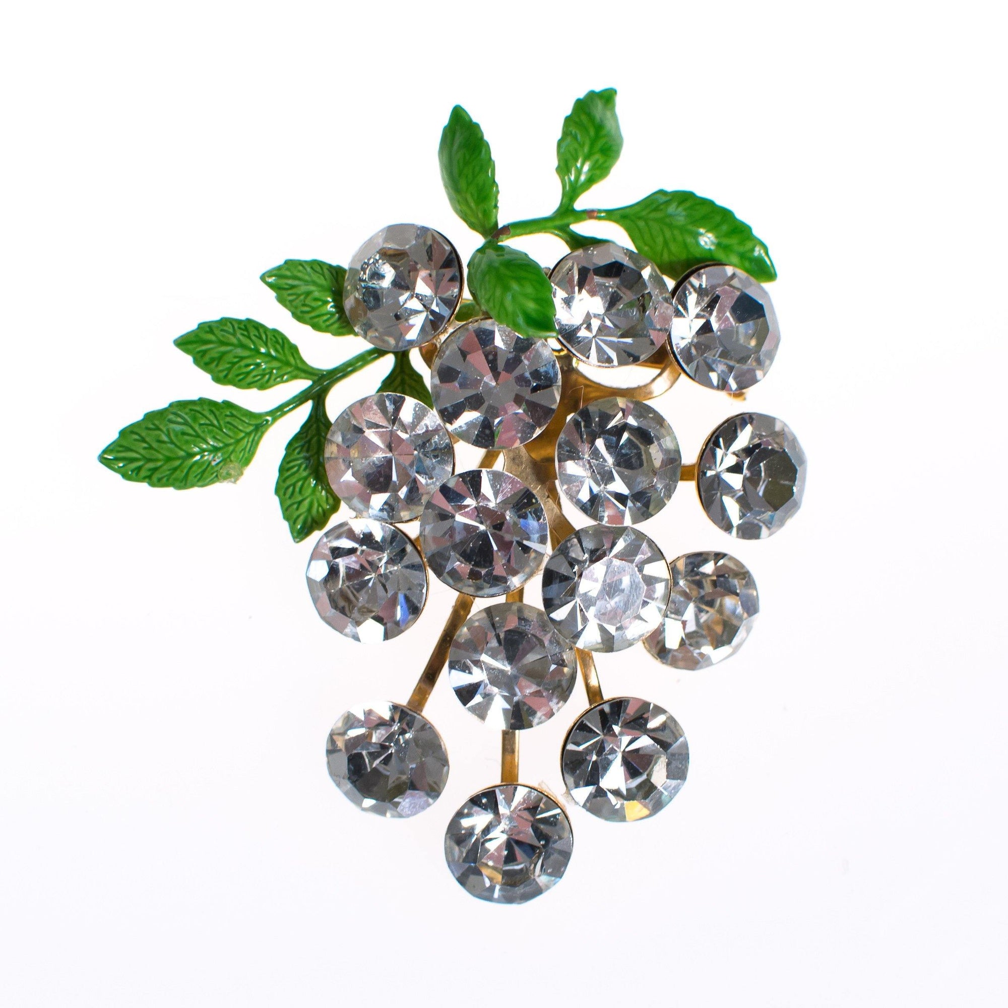 Vintage Rhinestone Berries Brooch with Green Leaves by 1950s - Vintage Meet Modern Vintage Jewelry - Chicago, Illinois - #oldhollywoodglamour #vintagemeetmodern #designervintage #jewelrybox #antiquejewelry #vintagejewelry