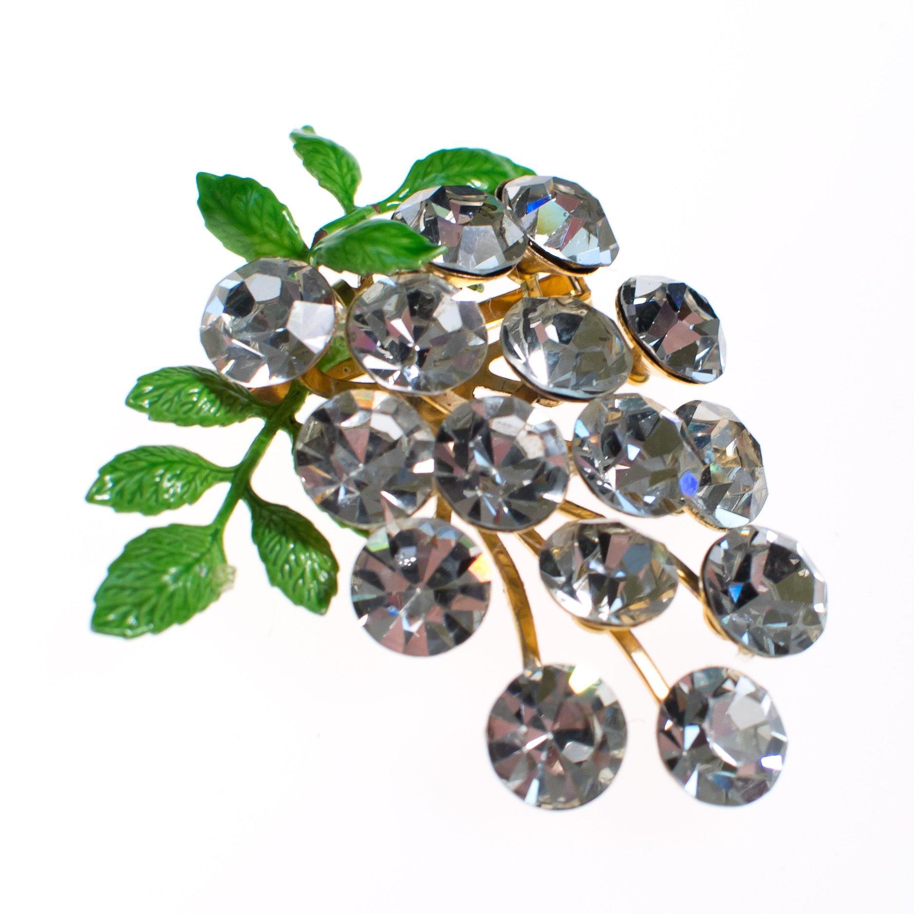 Vintage Rhinestone Berries Brooch with Green Leaves by 1950s - Vintage Meet Modern Vintage Jewelry - Chicago, Illinois - #oldhollywoodglamour #vintagemeetmodern #designervintage #jewelrybox #antiquejewelry #vintagejewelry