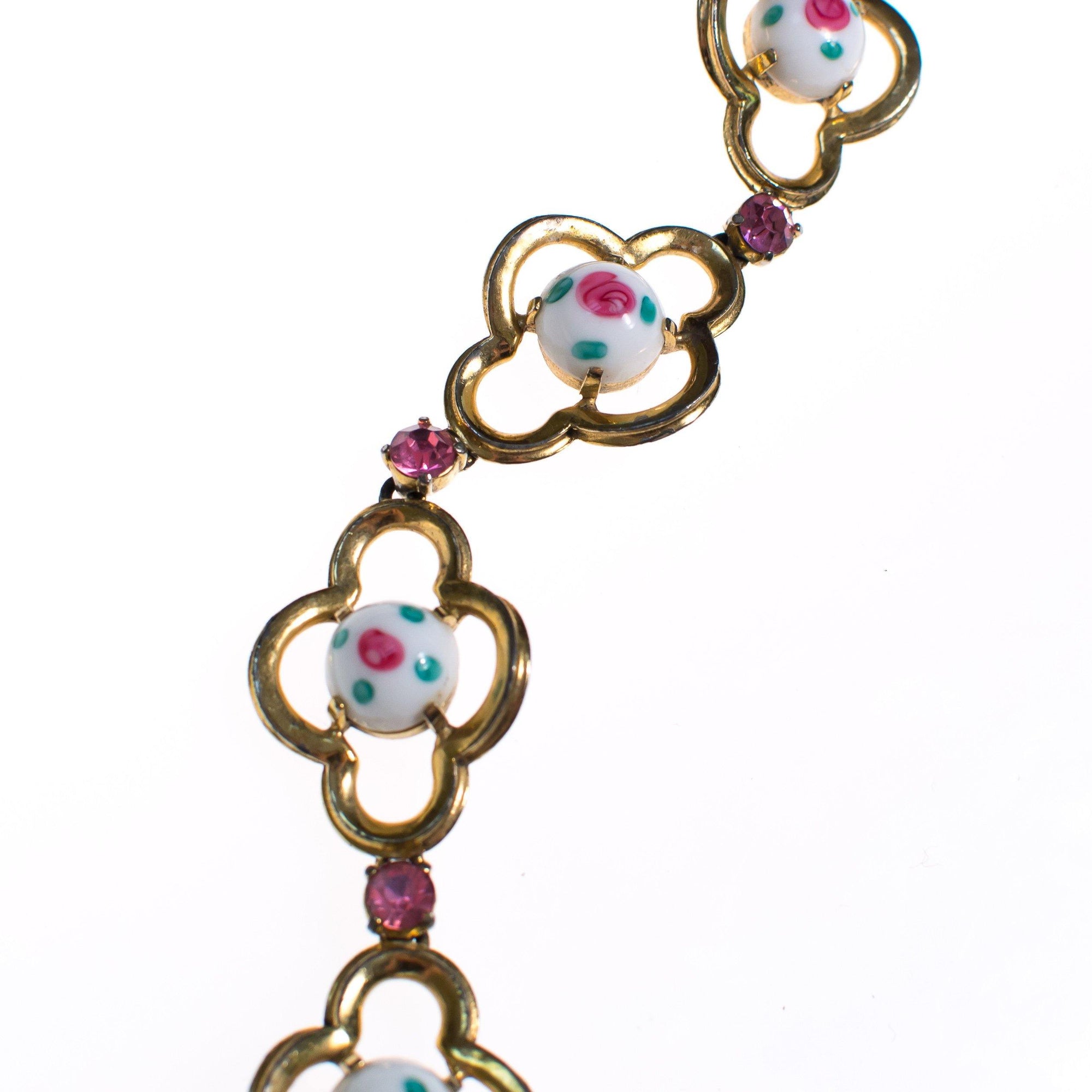 Vintage Schiaparelli Milk Glass with Pink Rose Quatrafoil Link Bracelet with Pink Rhinestones by Schiaparelli - Vintage Meet Modern Vintage Jewelry - Chicago, Illinois - #oldhollywoodglamour #vintagemeetmodern #designervintage #jewelrybox #antiquejewelry #vintagejewelry