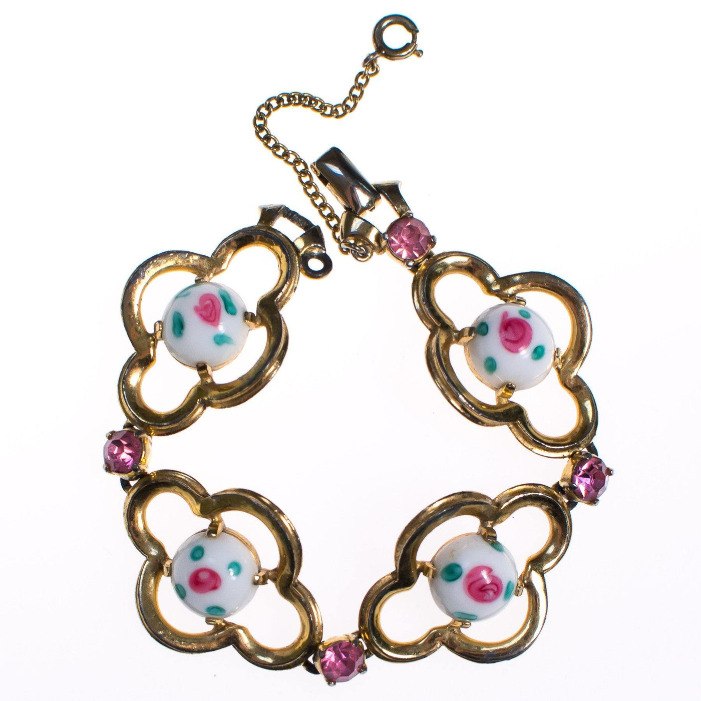 Vintage Schiaparelli Milk Glass with Pink Rose Quatrafoil Link Bracelet with Pink Rhinestones