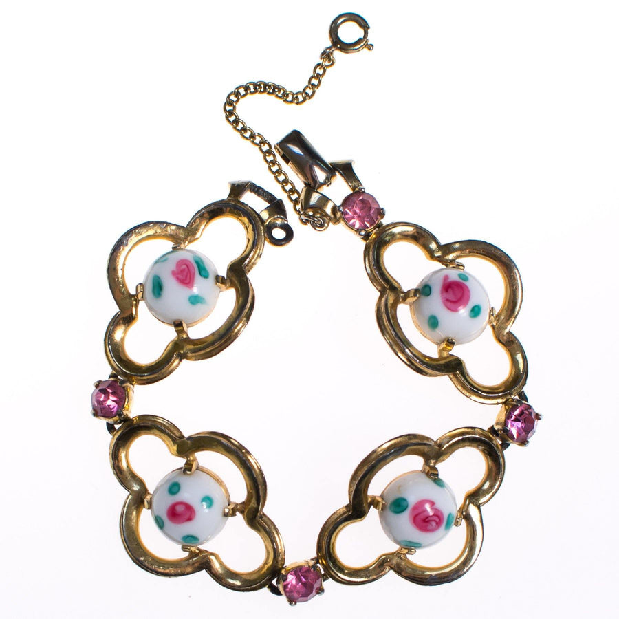 Vintage Schiaparelli Milk Glass with Pink Rose Quatrafoil Link Bracelet with Pink Rhinestones by Schiaparelli - Vintage Meet Modern Vintage Jewelry - Chicago, Illinois - #oldhollywoodglamour #vintagemeetmodern #designervintage #jewelrybox #antiquejewelry #vintagejewelry