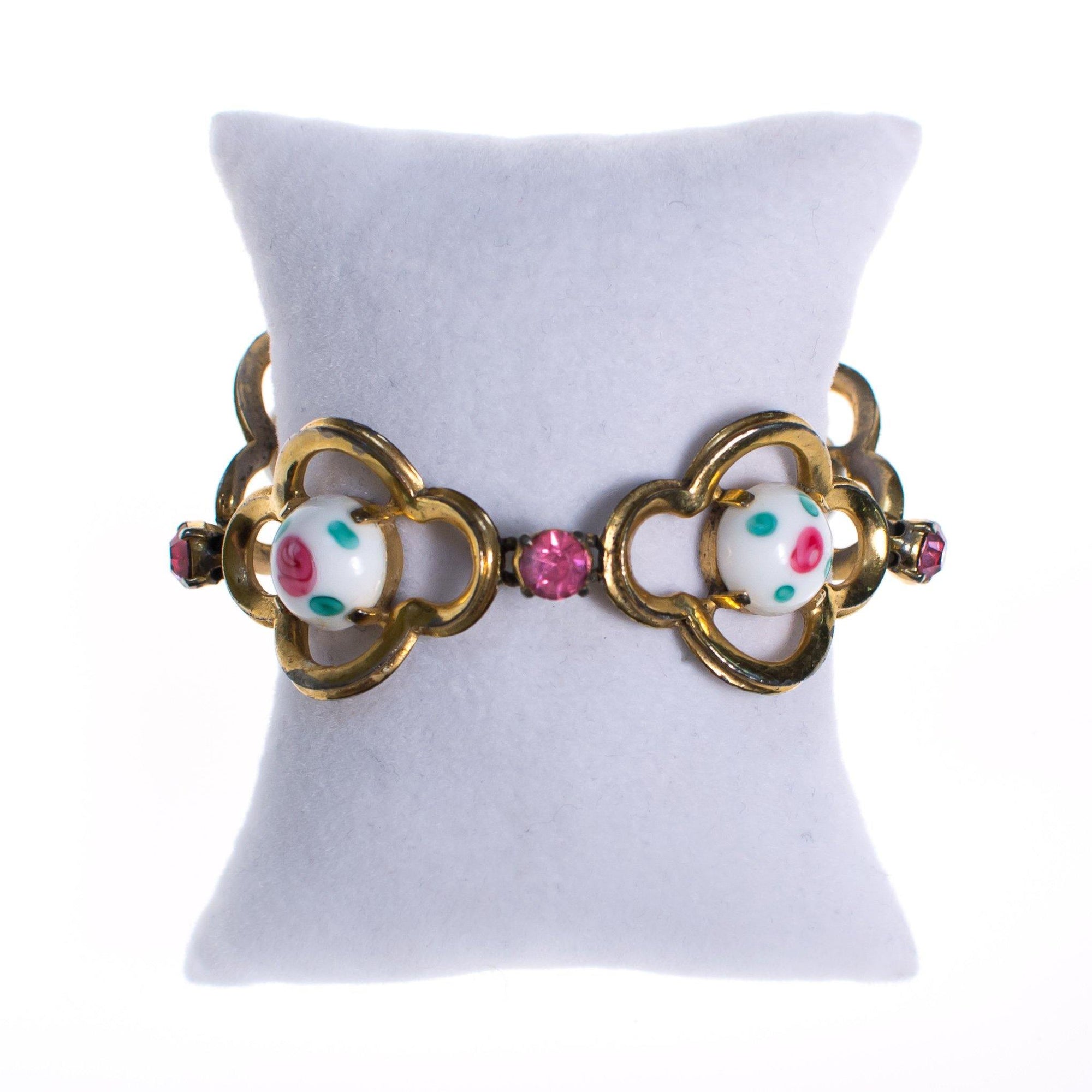 Vintage Schiaparelli Milk Glass with Pink Rose Quatrafoil Link Bracelet with Pink Rhinestones by Schiaparelli - Vintage Meet Modern Vintage Jewelry - Chicago, Illinois - #oldhollywoodglamour #vintagemeetmodern #designervintage #jewelrybox #antiquejewelry #vintagejewelry