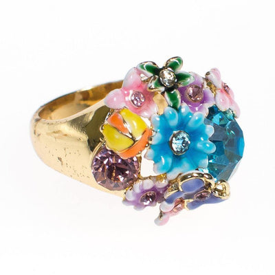 Vintage Blue Rhinestone Statement Ring with Colorful Painted Enamel Flowers by 1990s - Vintage Meet Modern Vintage Jewelry - Chicago, Illinois - #oldhollywoodglamour #vintagemeetmodern #designervintage #jewelrybox #antiquejewelry #vintagejewelry