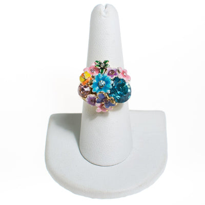 Vintage Blue Rhinestone Statement Ring with Colorful Painted Enamel Flowers by 1990s - Vintage Meet Modern Vintage Jewelry - Chicago, Illinois - #oldhollywoodglamour #vintagemeetmodern #designervintage #jewelrybox #antiquejewelry #vintagejewelry