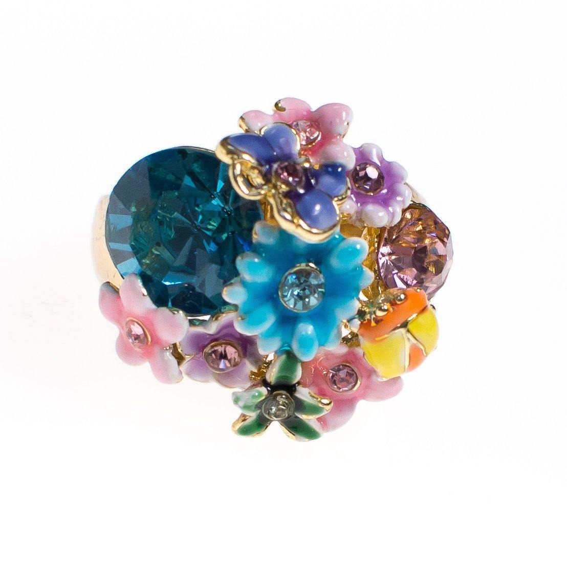 Vintage Blue Rhinestone Statement Ring with Colorful Painted Enamel Flowers