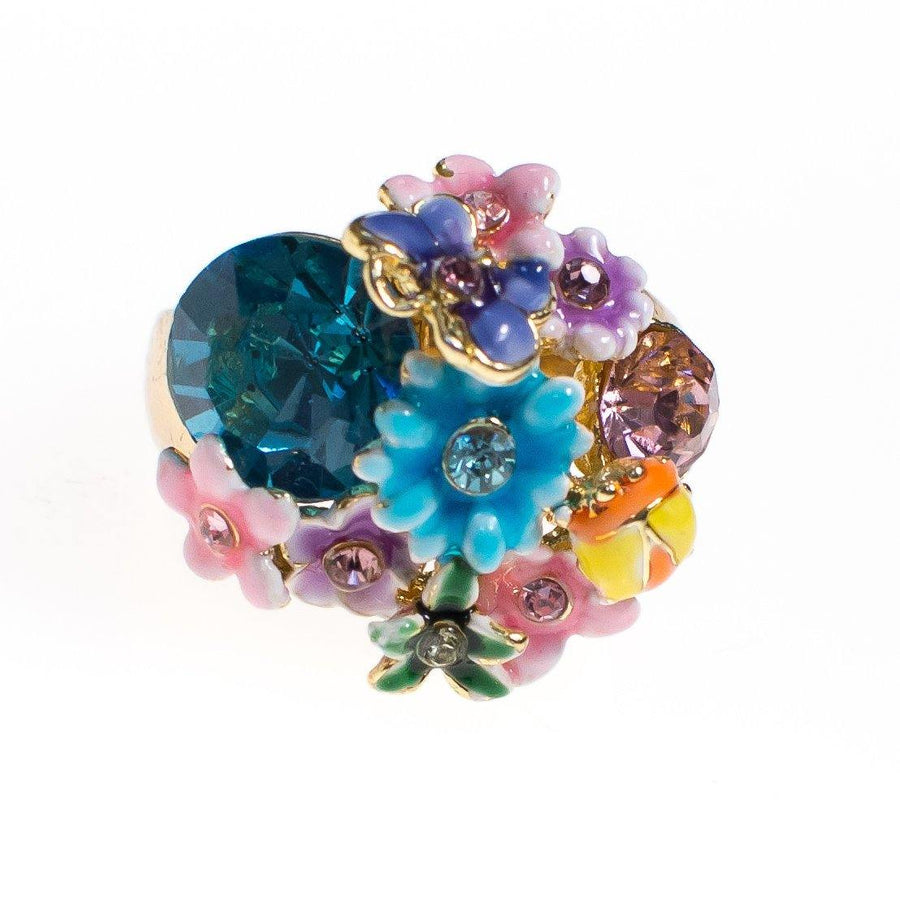 Vintage Blue Rhinestone Statement Ring with Colorful Painted Enamel Flowers by 1990s - Vintage Meet Modern Vintage Jewelry - Chicago, Illinois - #oldhollywoodglamour #vintagemeetmodern #designervintage #jewelrybox #antiquejewelry #vintagejewelry