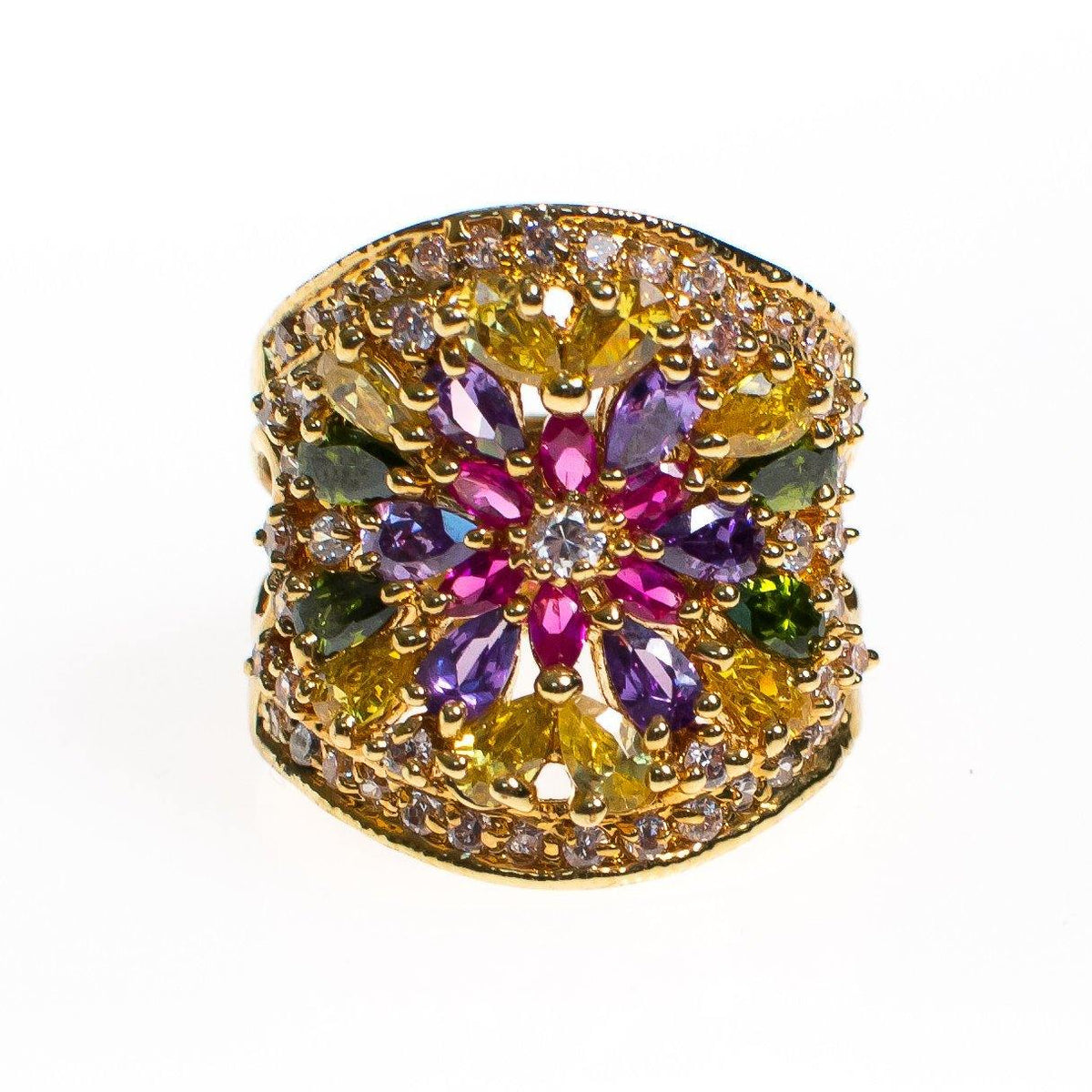 Vintage Rainbow CZ Flower Statement Ring, 18kt Gold Plated over Sterling Silver