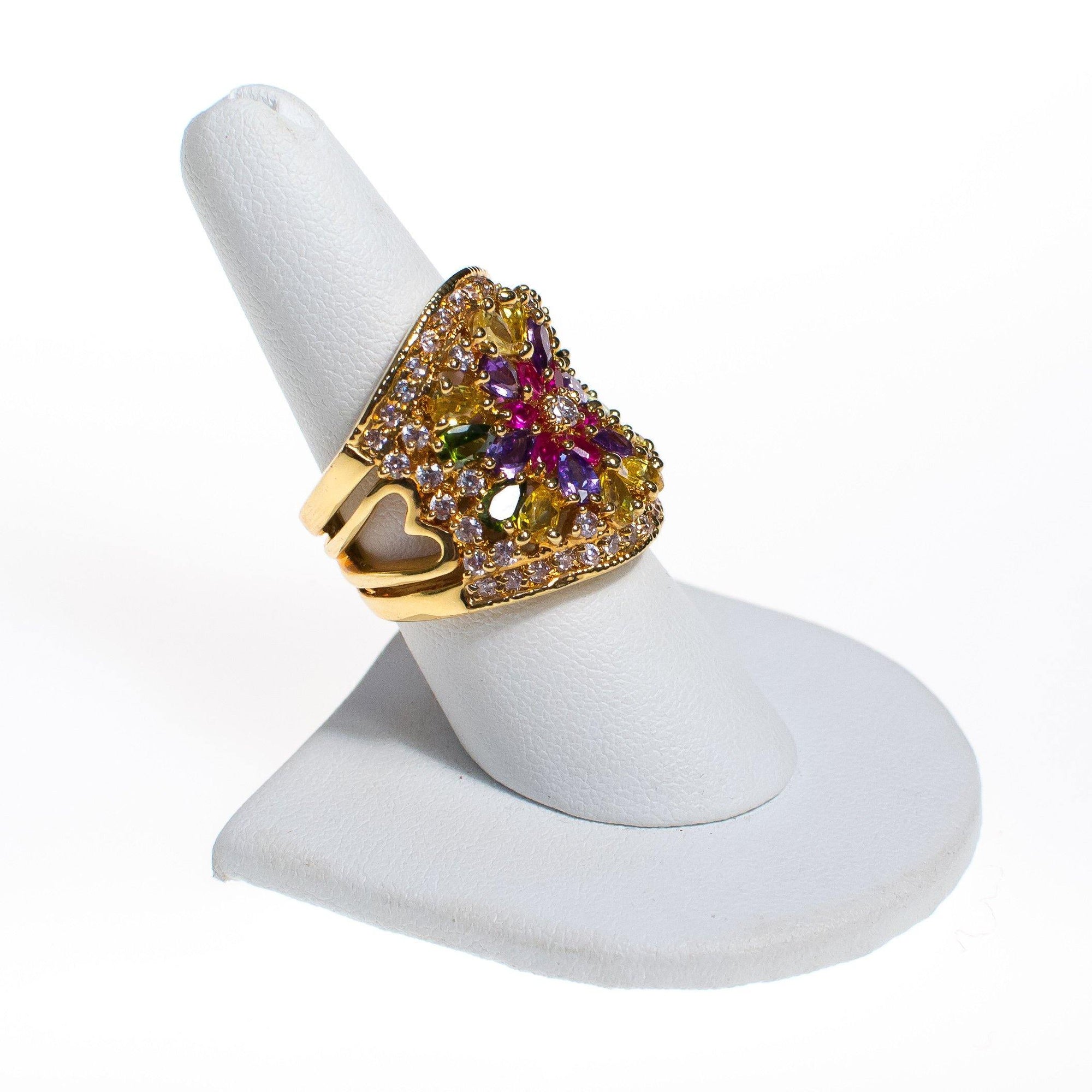 Vintage Rainbow CZ Flower Statement Ring, 18kt Gold Plated over Sterling Silver by 1980s - Vintage Meet Modern Vintage Jewelry - Chicago, Illinois - #oldhollywoodglamour #vintagemeetmodern #designervintage #jewelrybox #antiquejewelry #vintagejewelry