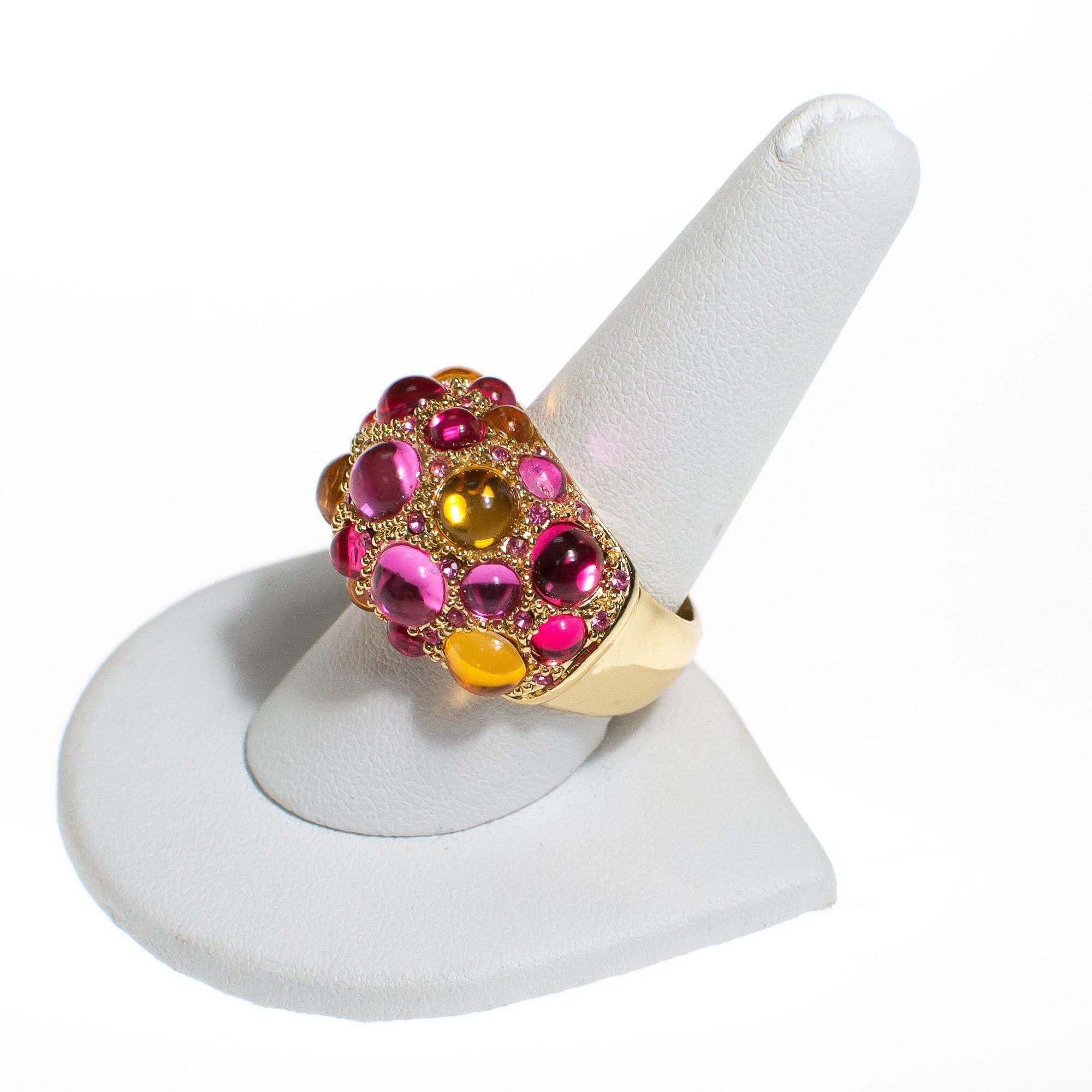 Vintage Rhinestone Domed Statement Ring with Yellow and Pink Crystal Cabochons by 1980s - Vintage Meet Modern Vintage Jewelry - Chicago, Illinois - #oldhollywoodglamour #vintagemeetmodern #designervintage #jewelrybox #antiquejewelry #vintagejewelry