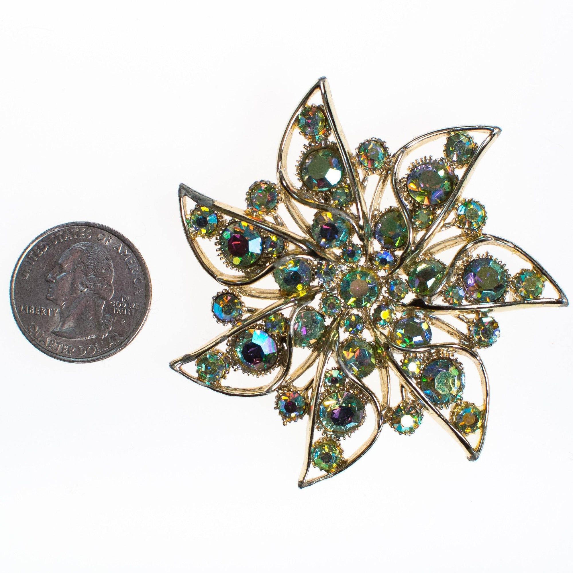 Vintage Gold Aurora Borealis Crystal Rhinestone Brooch by Aurora Borealis - Vintage Meet Modern Vintage Jewelry - Chicago, Illinois - #oldhollywoodglamour #vintagemeetmodern #designervintage #jewelrybox #antiquejewelry #vintagejewelry