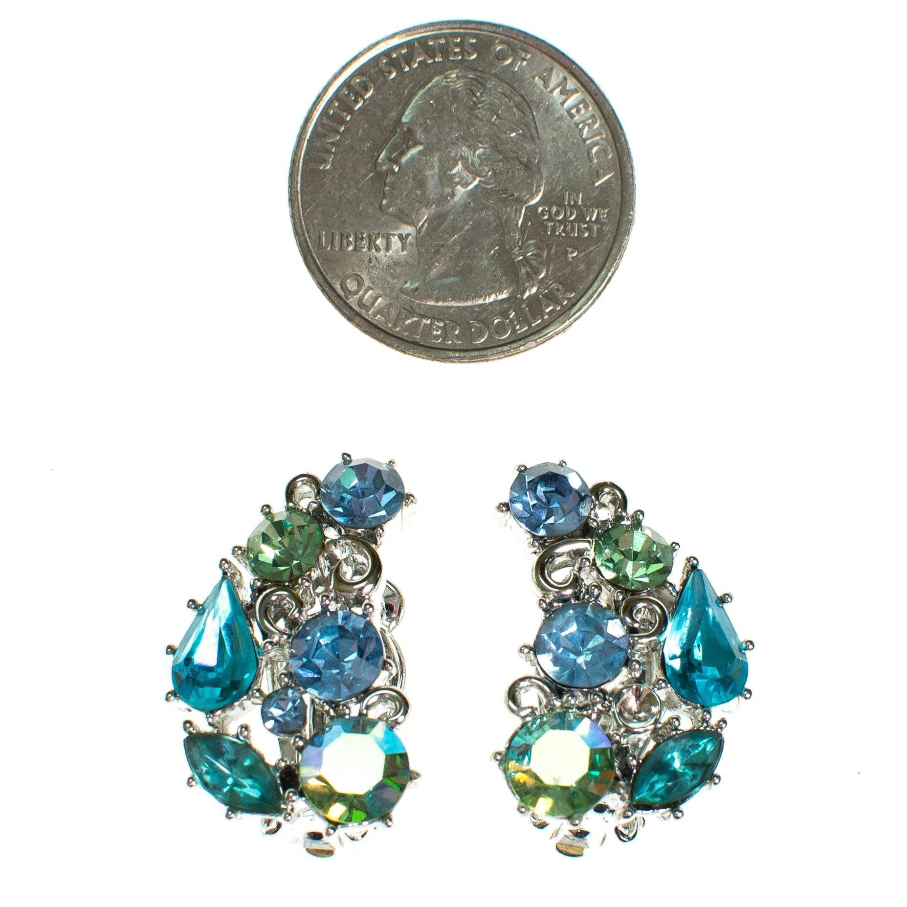 Vintage Lisner Earrings with Light Blue and Green Rhinestones, Ear Crawler, Silver Tone, Clip On by 1960s - Vintage Meet Modern Vintage Jewelry - Chicago, Illinois - #oldhollywoodglamour #vintagemeetmodern #designervintage #jewelrybox #antiquejewelry #vintagejewelry