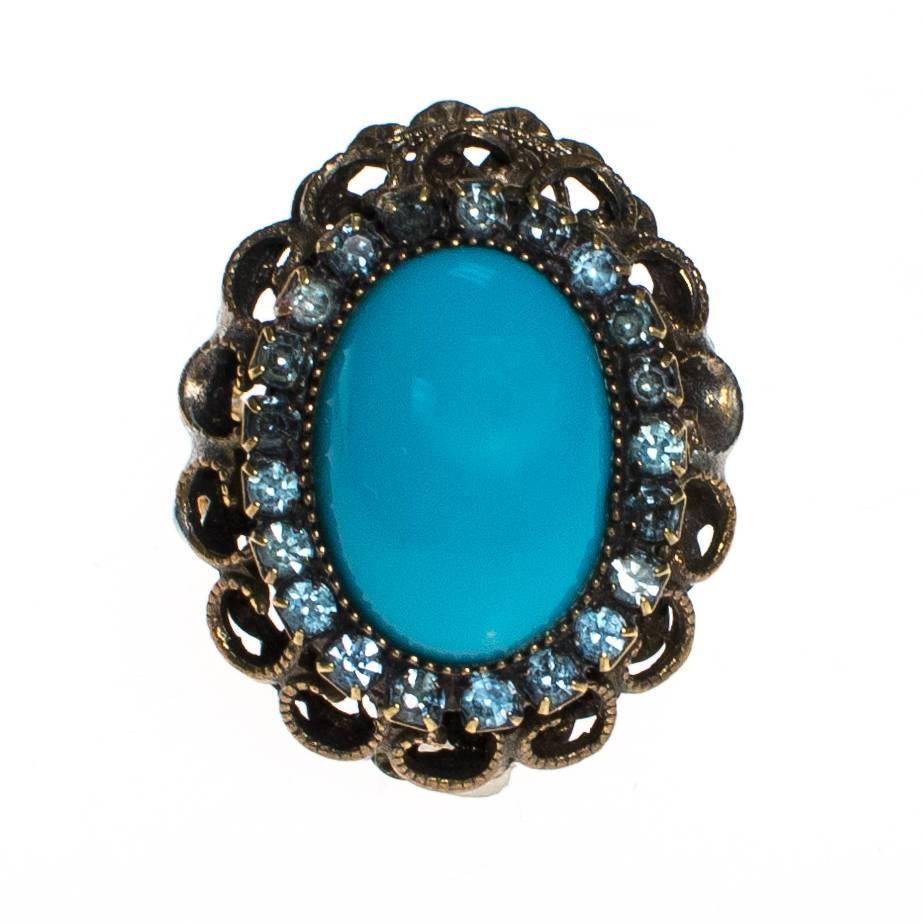 Vintage Turquoise and Rhinestone Statement Ring by 1960s - Vintage Meet Modern Vintage Jewelry - Chicago, Illinois - #oldhollywoodglamour #vintagemeetmodern #designervintage #jewelrybox #antiquejewelry #vintagejewelry