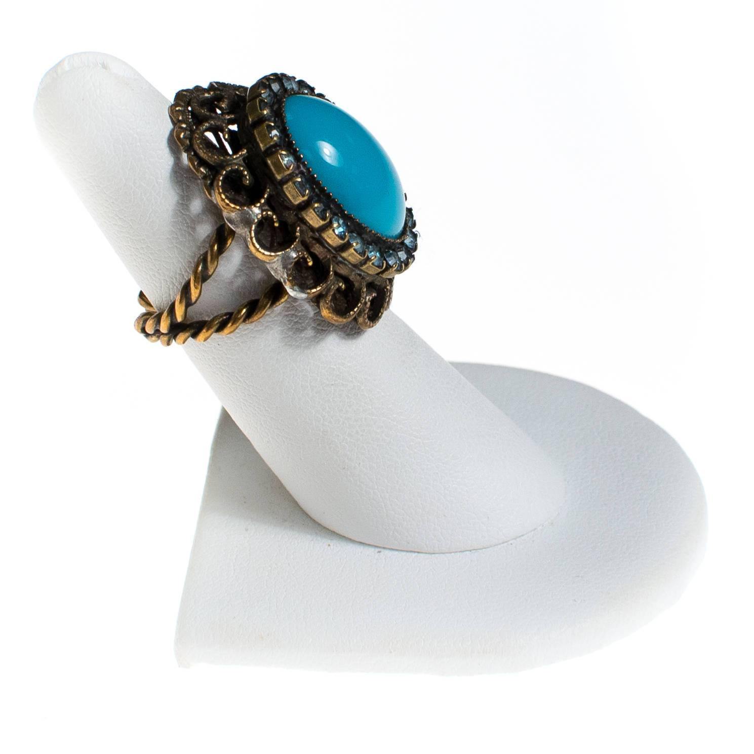 Vintage Turquoise and Rhinestone Statement Ring by 1960s - Vintage Meet Modern Vintage Jewelry - Chicago, Illinois - #oldhollywoodglamour #vintagemeetmodern #designervintage #jewelrybox #antiquejewelry #vintagejewelry