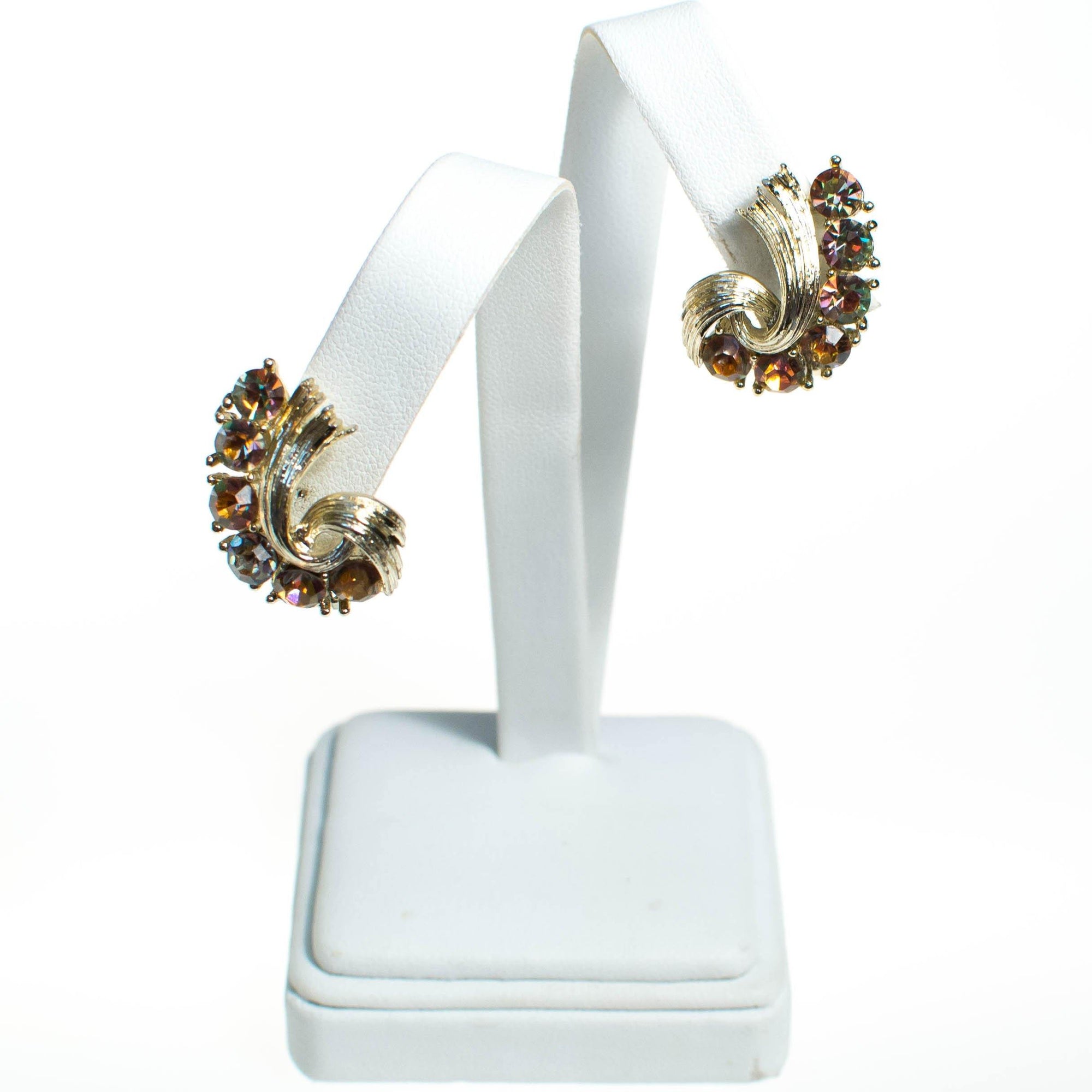 Vintage Lisner Golden Citrine and Topaz Rhinestone Earrings, Clip On by 1960s - Vintage Meet Modern Vintage Jewelry - Chicago, Illinois - #oldhollywoodglamour #vintagemeetmodern #designervintage #jewelrybox #antiquejewelry #vintagejewelry