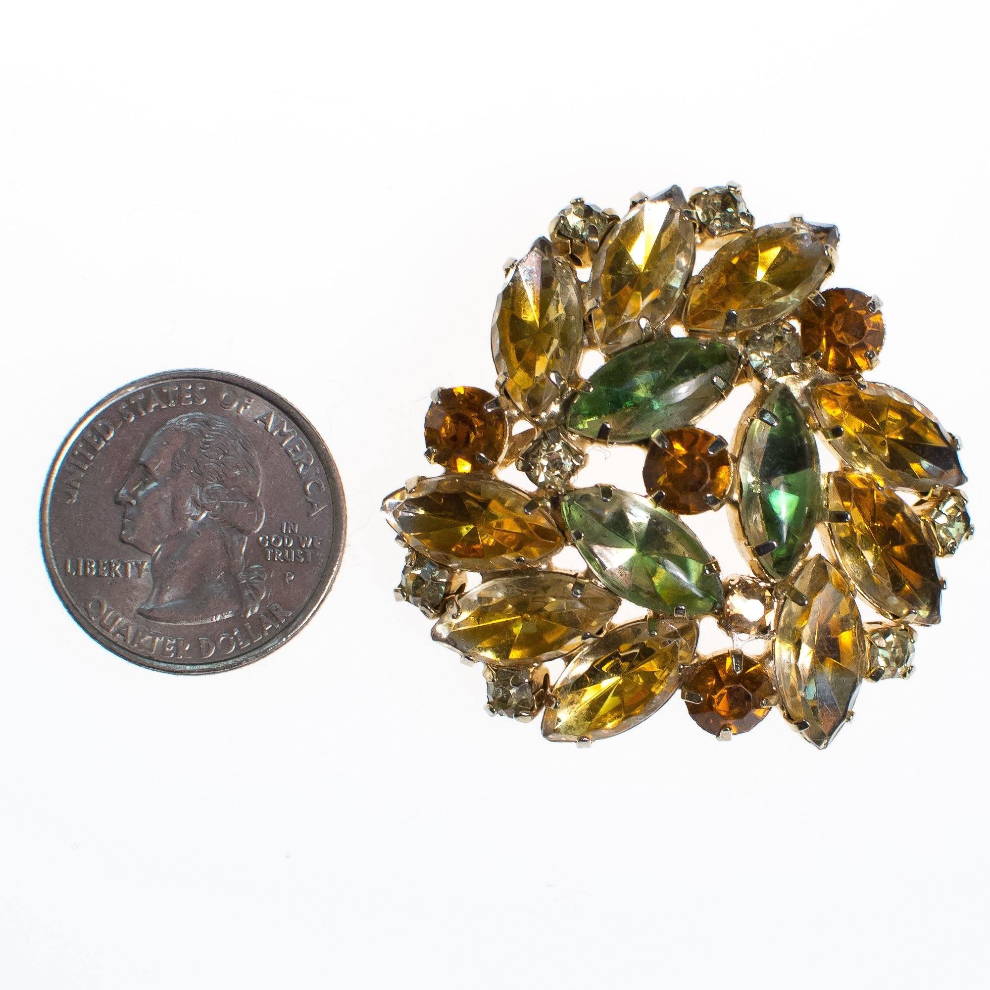 Vintage Green and Yellow Topaz Rhinestone Brooch by 1960s - Vintage Meet Modern Vintage Jewelry - Chicago, Illinois - #oldhollywoodglamour #vintagemeetmodern #designervintage #jewelrybox #antiquejewelry #vintagejewelry