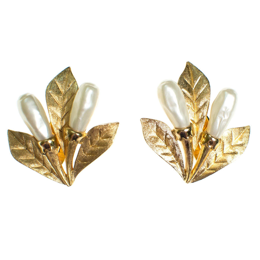 Gold Trifari Cattail Earrings Gold with Faux Pearl by Trifari Cattail - Vintage Meet Modern Vintage Jewelry - Chicago, Illinois - #oldhollywoodglamour #vintagemeetmodern #designervintage #jewelrybox #antiquejewelry #vintagejewelry