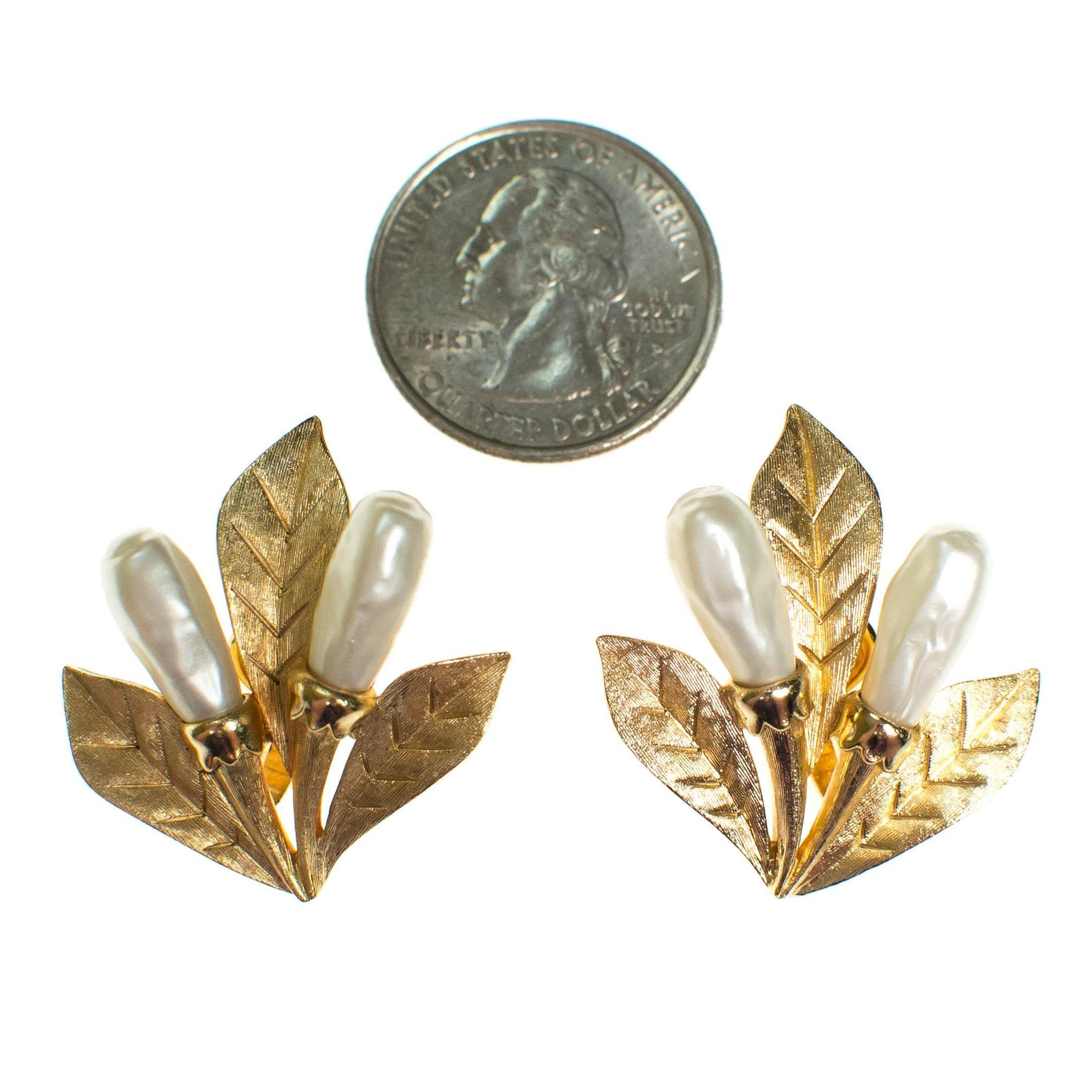Gold Trifari Cattail Earrings Gold with Faux Pearl by Trifari Cattail - Vintage Meet Modern Vintage Jewelry - Chicago, Illinois - #oldhollywoodglamour #vintagemeetmodern #designervintage #jewelrybox #antiquejewelry #vintagejewelry
