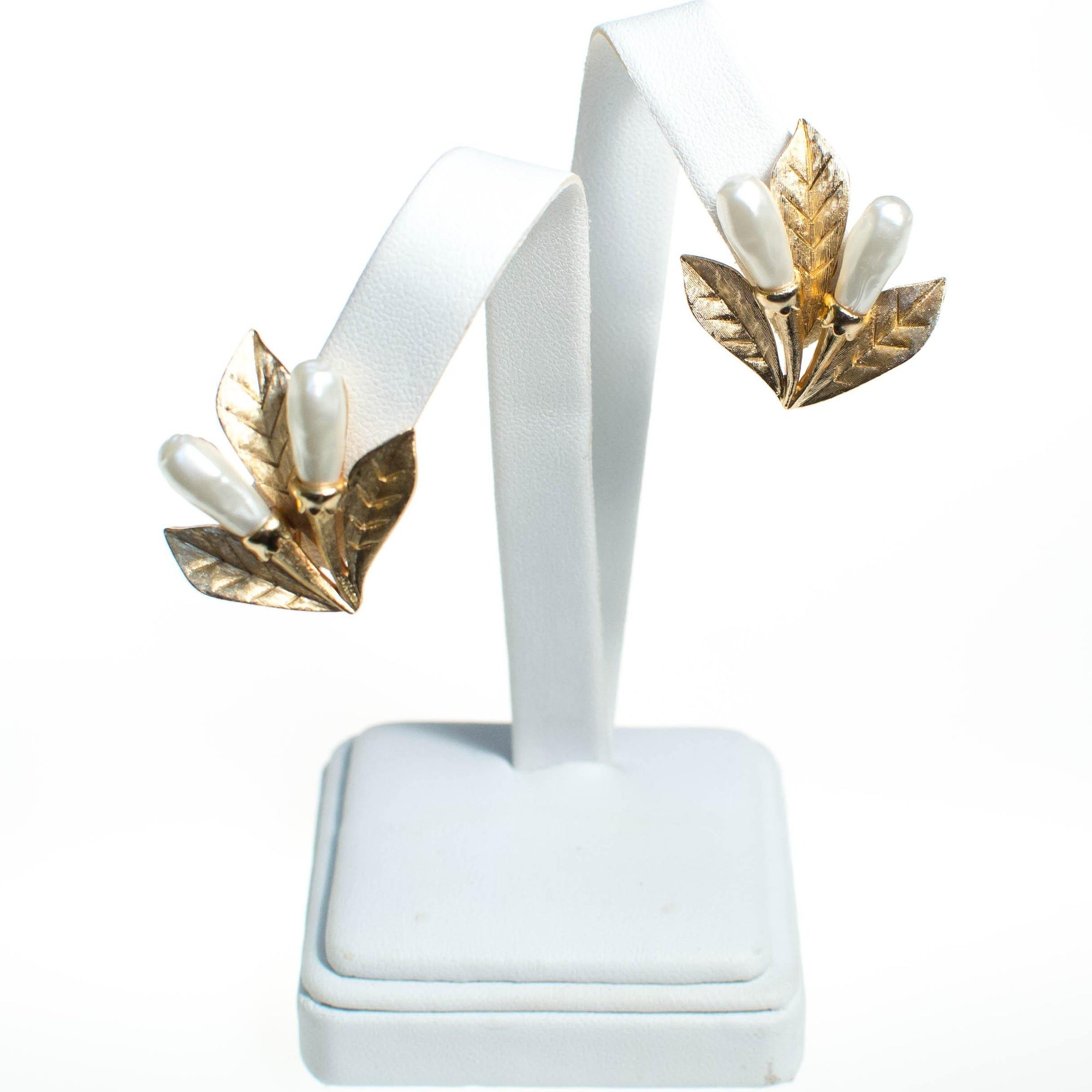 Gold Trifari Cattail Earrings Gold with Faux Pearl by Trifari Cattail - Vintage Meet Modern Vintage Jewelry - Chicago, Illinois - #oldhollywoodglamour #vintagemeetmodern #designervintage #jewelrybox #antiquejewelry #vintagejewelry