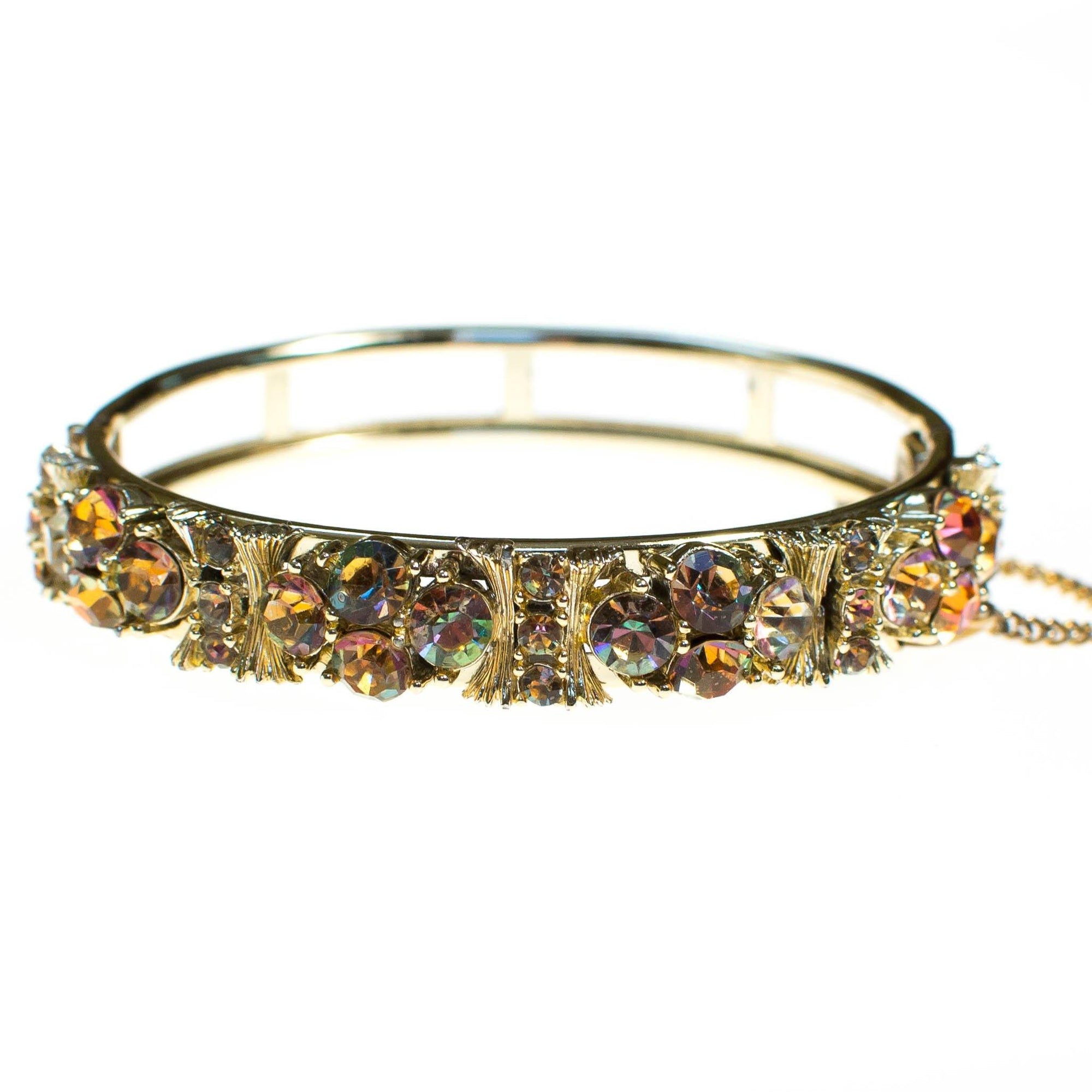 Vintage Lisner Hinged Bangle Bracelet with Citrine and Topaz Crystal Rhinestones by Lisner Hinged - Vintage Meet Modern Vintage Jewelry - Chicago, Illinois - #oldhollywoodglamour #vintagemeetmodern #designervintage #jewelrybox #antiquejewelry #vintagejewelry
