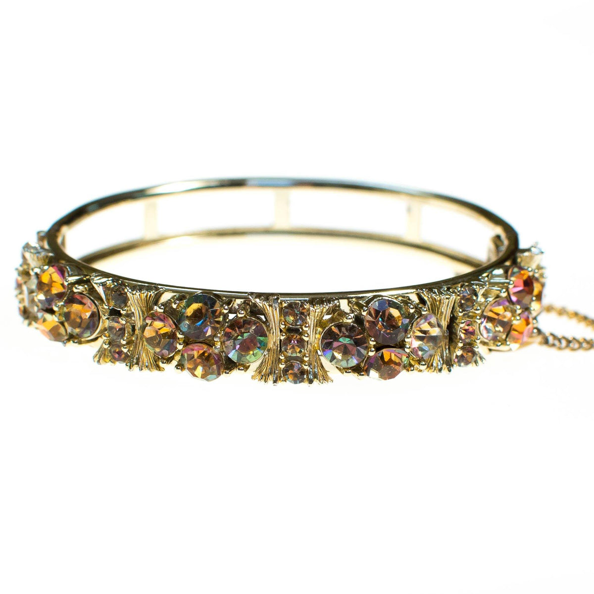 Vintage Lisner Hinged Bangle Bracelet with Citrine and Topaz Crystal Rhinestones